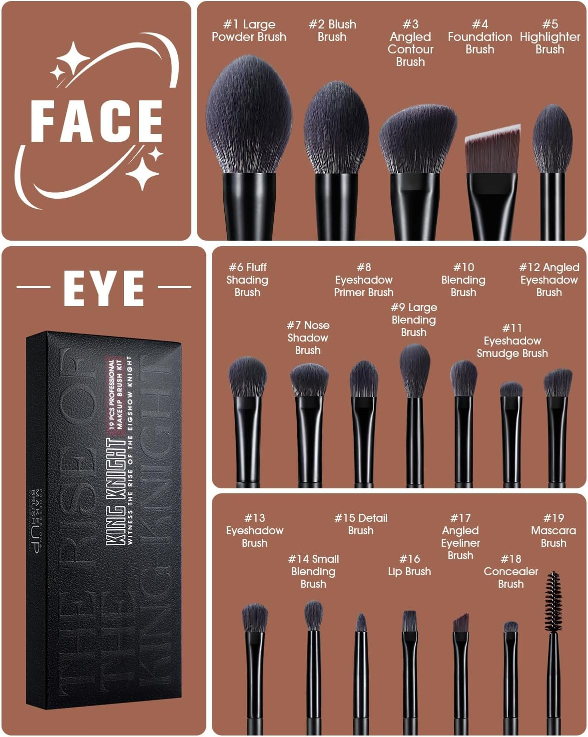 EIGSHOWBEAUTY 19 Pieces Synthetic Makeup Brush Set Kingnight Series Brush Set Premium Foundation Contour Blush Concealer Eyeshadow Blending - Black image number 4