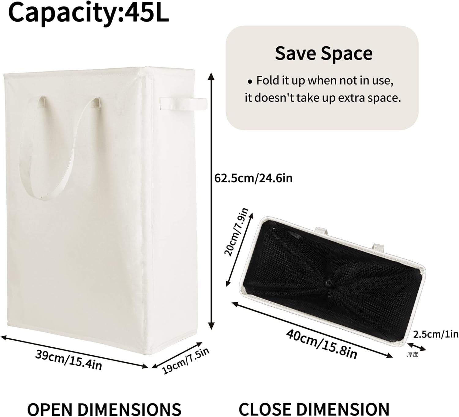 Odonata Slim Laundry Hamper Handles Collapsible Laundry Basket Thin Dirty Clothes Basket Narrow Laundry Bag Foldable Dirty Hamper 45L (Beige) - Animal image number 6