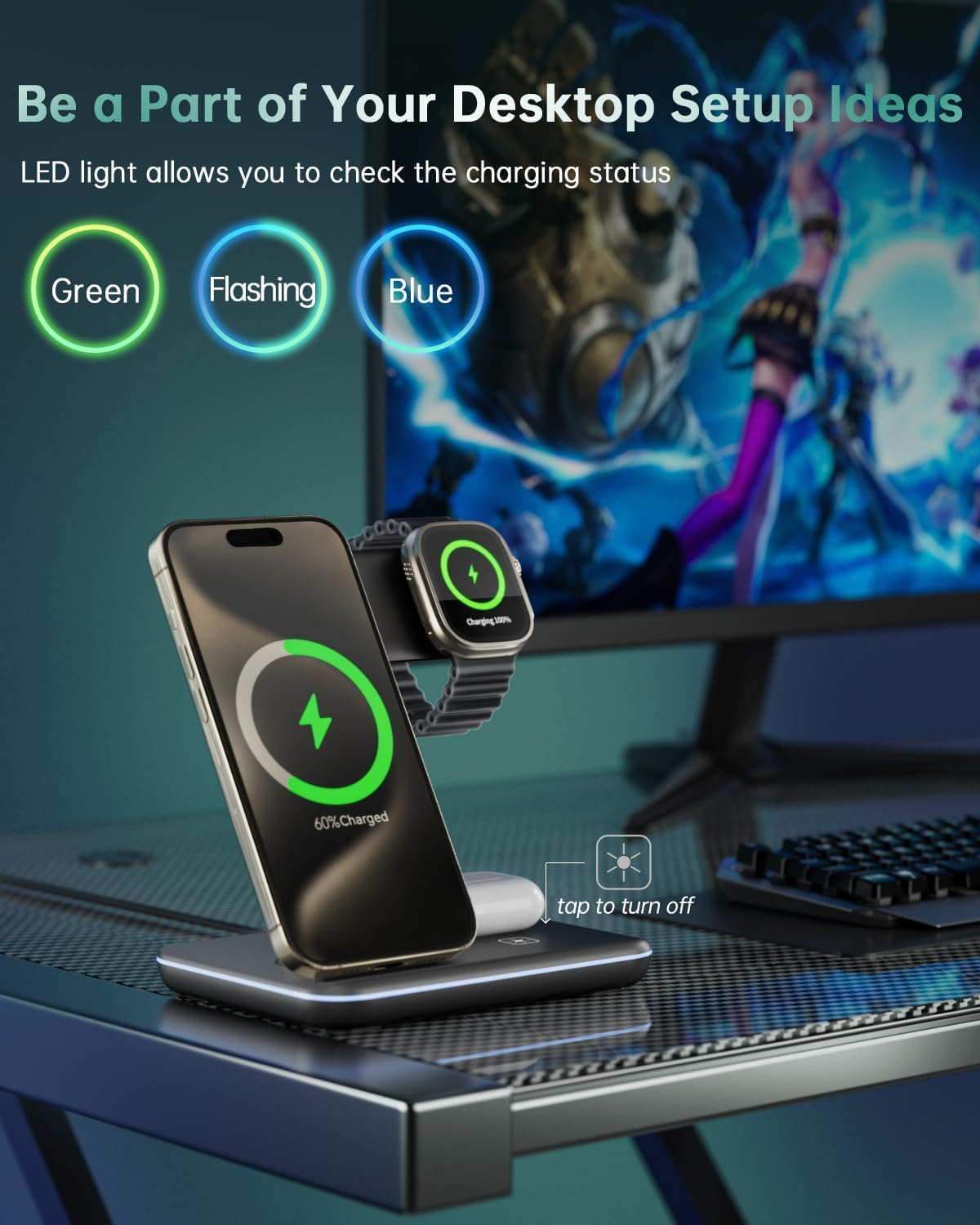 3-In-1 Wireless Charger for Apple, 15W Fast Wireless Charging Station, 3 In1 Wireless Charger Dock Compatible with Iphone 16/15/14, Airpods, Apple Watch, Iwatch 10/9/8 image number 5