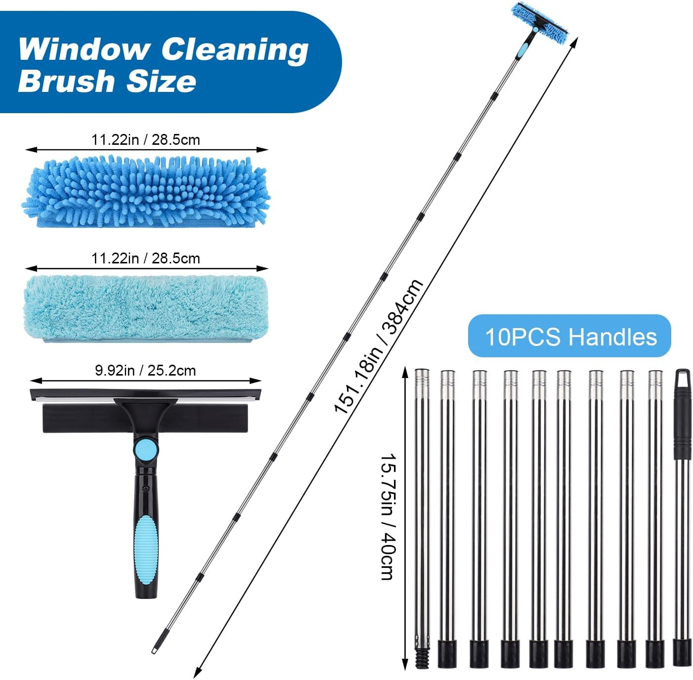 4.3M Extendable Window Cleaner, 2-In-1 Window Cleaner, Telescopic High Window Cleaning Tool, Car Glass, with 2 Microfibre Cloths and Squeegee Blade image number 2