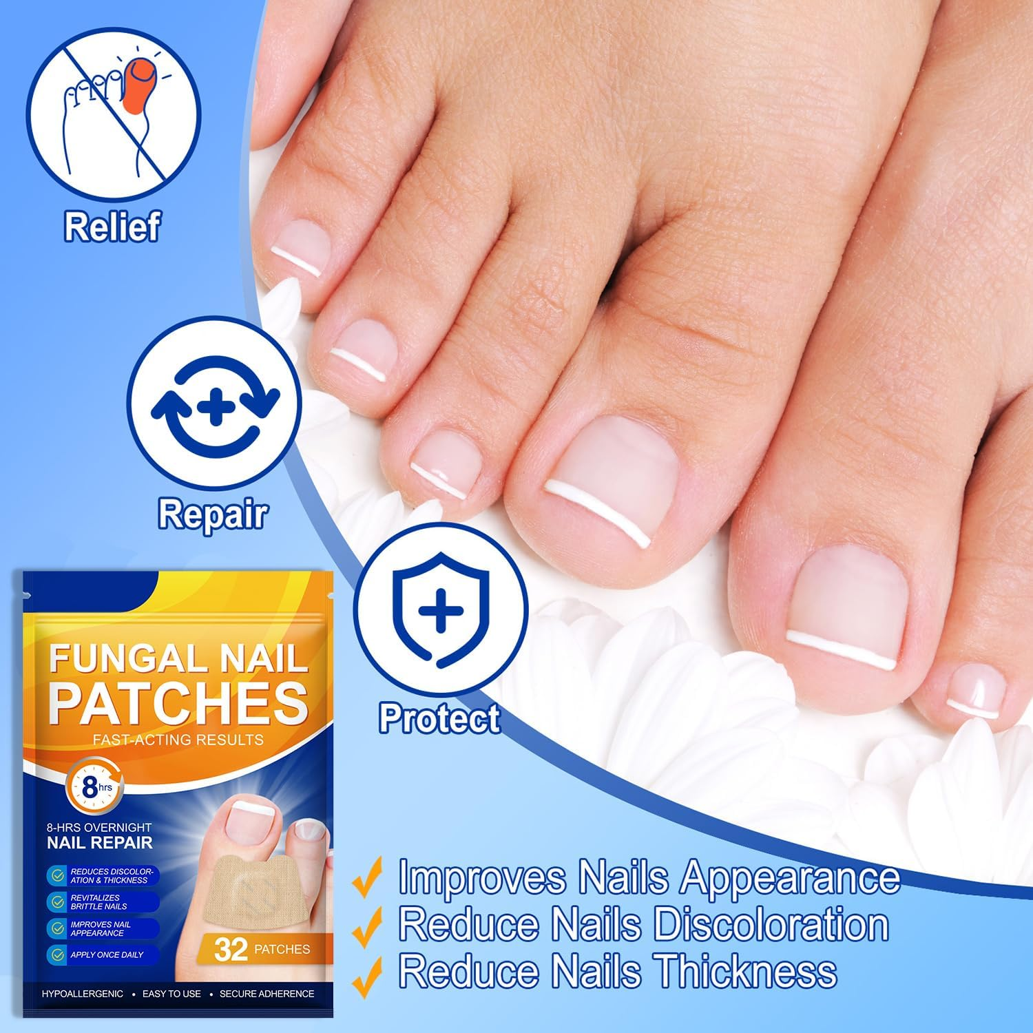 64 Pcs Fungal Nail Patches, Toenail Treatment Patch, Nail Repair for Damaged Nails, Improve Toenail Texture, Restore Discoloration and Thickness, Suitable for Both Men and Women