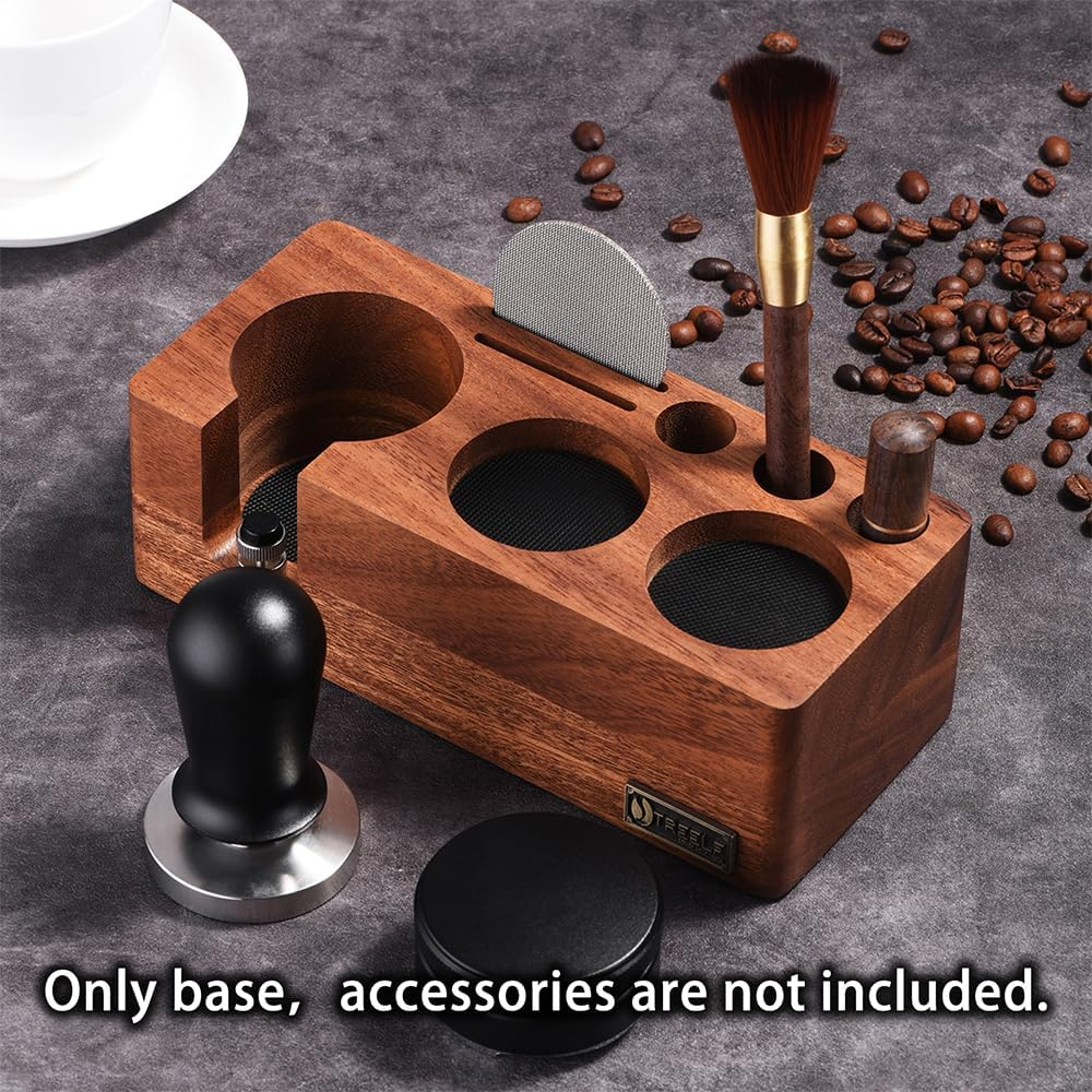 Walnut Espresso Tamping Station for 54Mm Espresso Machine Portafilter Stand Base Adjustable Height 3-In-1 Coffee Tamper Station Organizer Distributer and Portafilter Holder for Countertop Brown 54Mm image number 1
