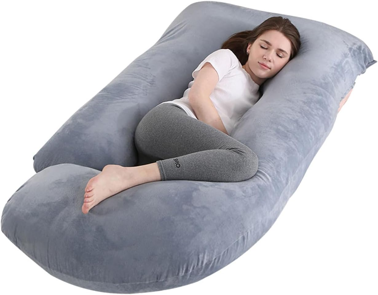 Pregnancy Pillow, Maternity Full Body Pillow for Back, Legs and Belly Support, J Shaped Full Body Pillow for Pregnant Women and Side Sleepers with Removable Cover (Knitted Cotton, Pink)