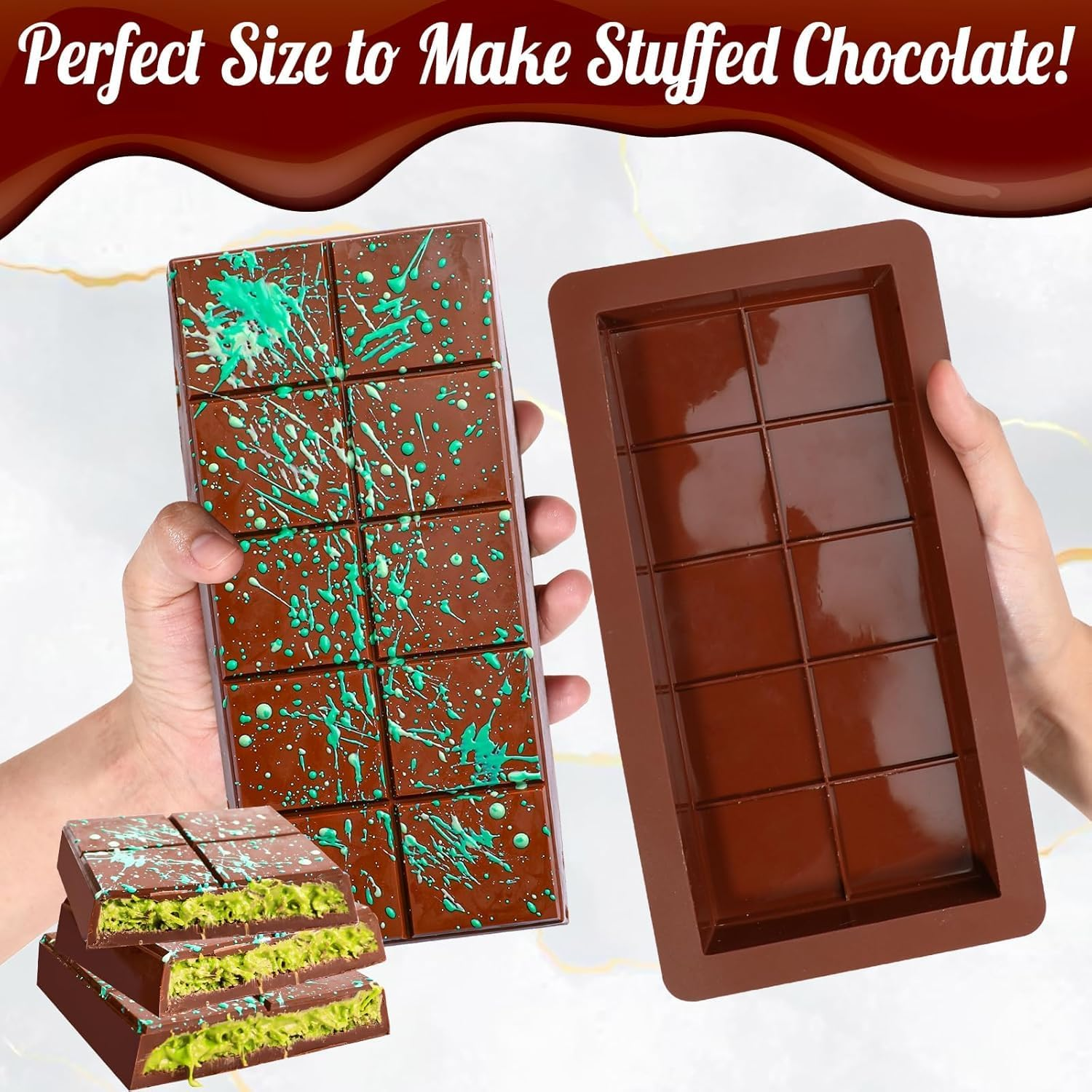 Chocolate Moulds 3Pcs Deep Chocolate Bar Moulds 1 Inch Deep Large and Thick Silicone Chocolate Bar Moulds for Stuffed Bar, Big Chocolate Candy Bar Moulds for Filling Knafeh Pistachio (Largex3) image number 6