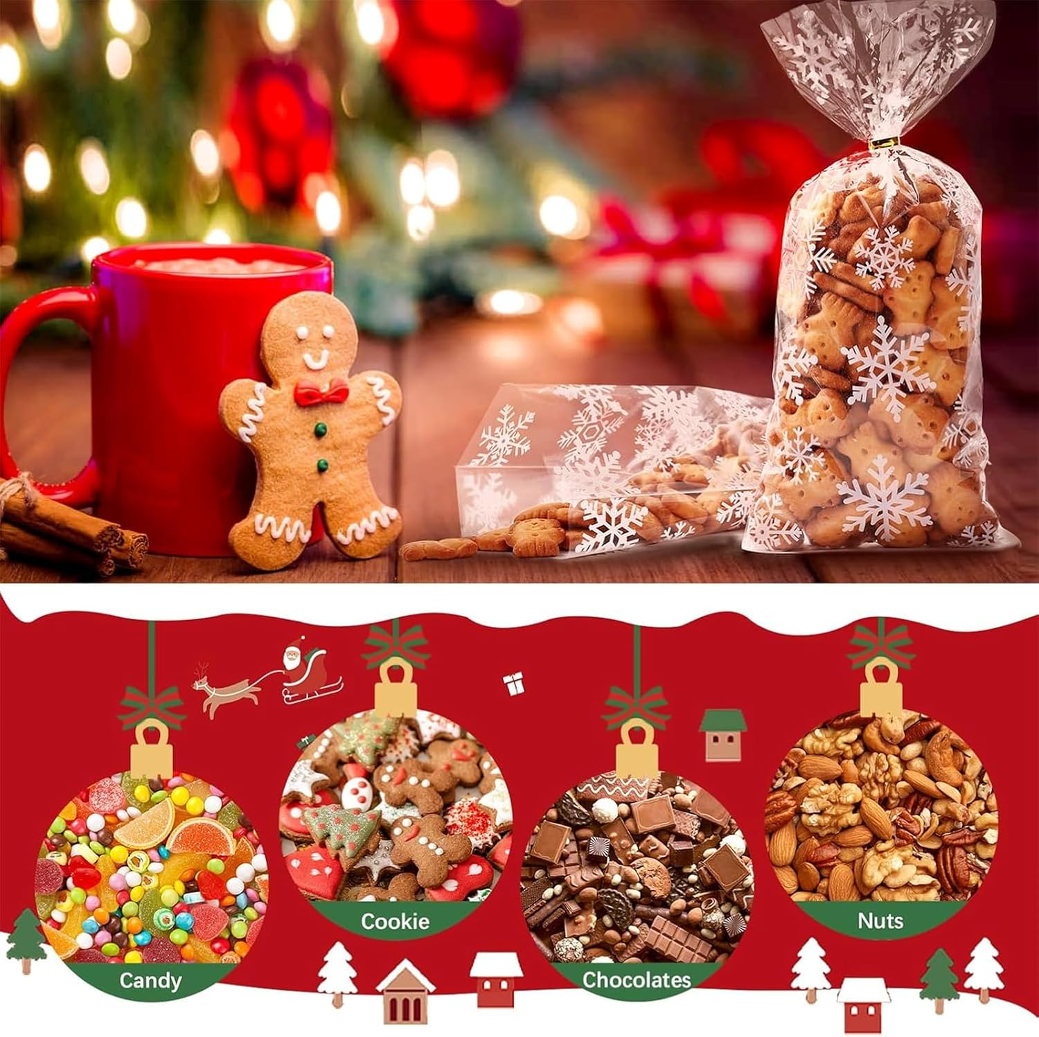 100 Pieces Christmas Treat Candy Bags, Christmas Cellophane Bag with Twist Ties Candy Cookie Bags for Party Supplies, Christmas Holiday Party Goody Supplies (White) image number 6