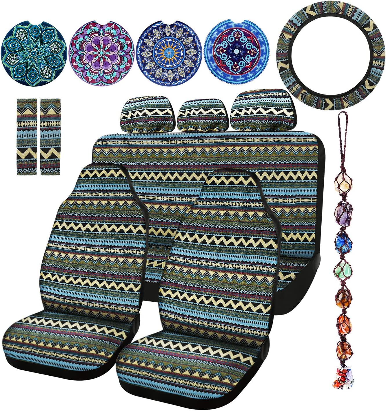 Frienda Baja Saddle Blanket Car Seat Covers Full Set Multicolor Stripe Boho Steering Wheel Cover Seat Belt Pads Crystal Hanging Ornament Automotive Interior Universal Fit Most Cars(Stylish Style)