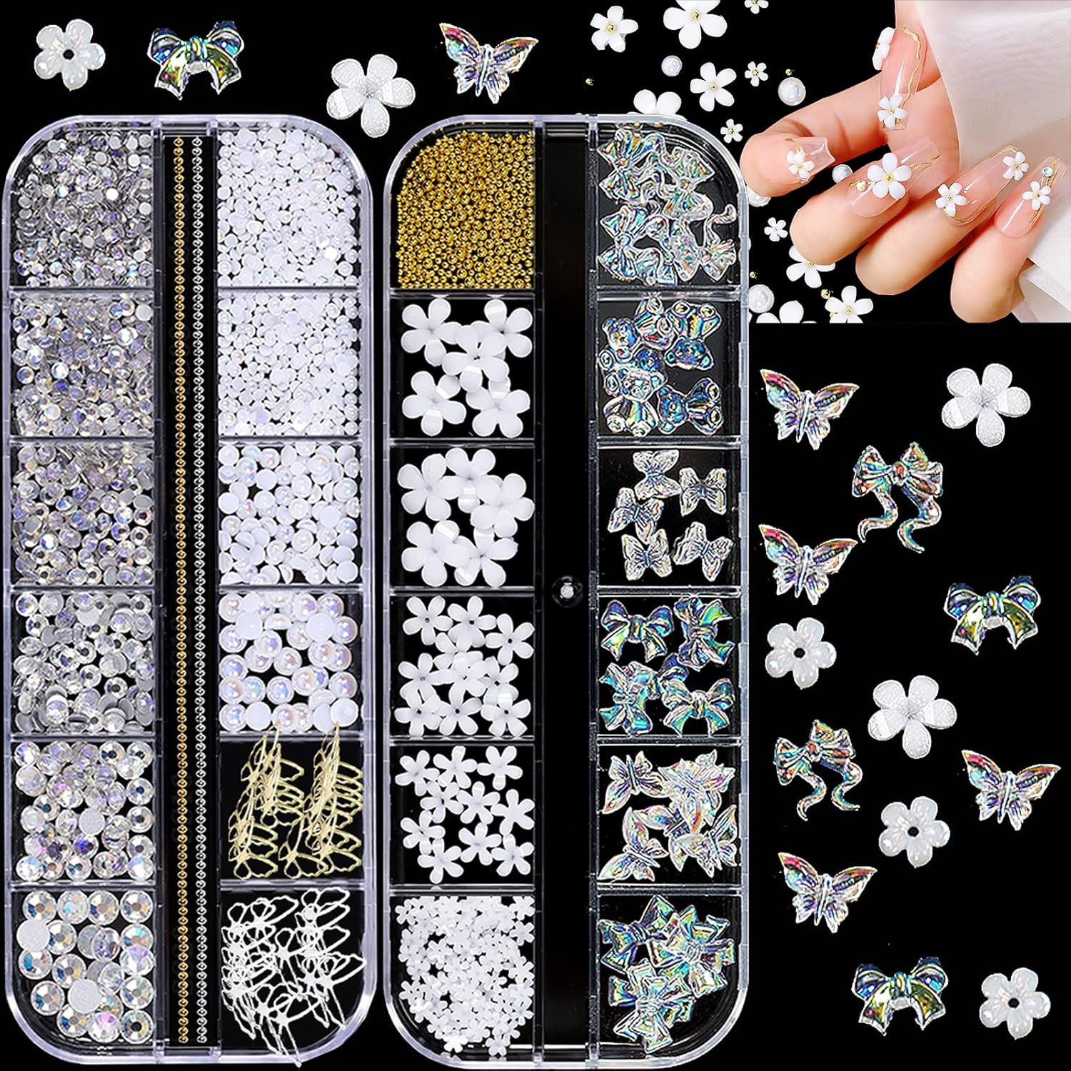 NAFIGO 3D Acrylic Butterfly Flowers Bear Nail Charms Art 3D, AB Crystal Rhinestones Multi Shapes Pearl Gold Metal Art, Decal Jewelry Accessories DIY Crafting, 2 Piece Set