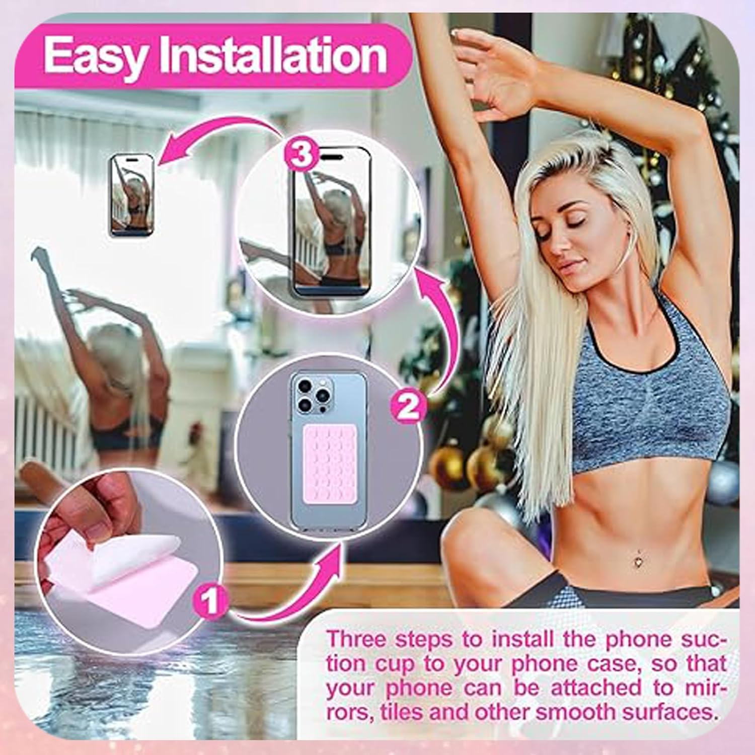 Rookii 2PCS Silicone Suction Phone Case Adhesive Mount,Leeneen 2.2&Prime; X 3.2&Prime;Hands-Free,Strong Grip Holder for Selfies and Videos,Durable,Easy to Use,For All Phone (Pink)