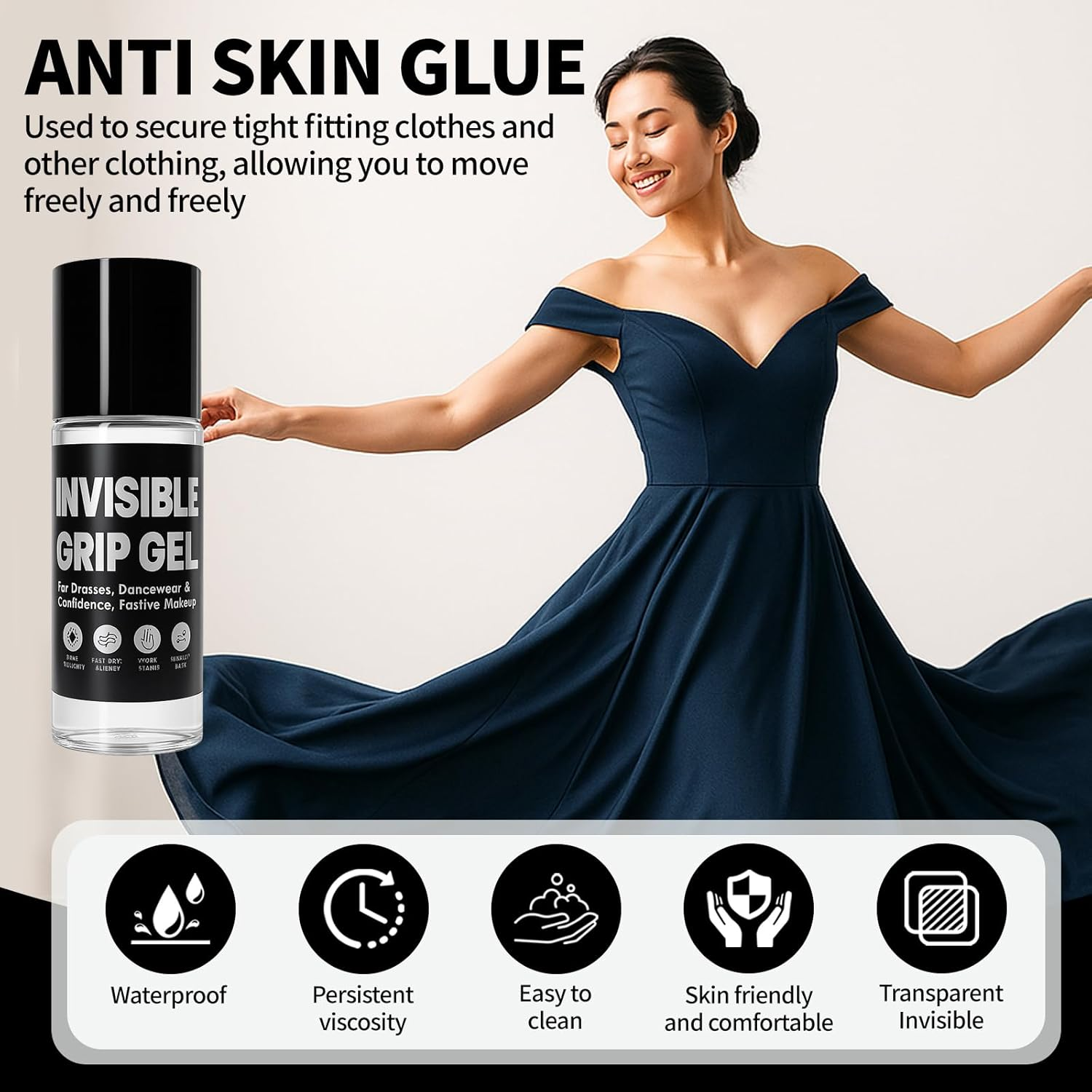 Anti-Slip Roll-On Glue for Clothes, 2Oz Invisible Fashion Adhesive for Dancers, Clothing Grip Solution for Legs, Socks, Costumes &ndash; Sweat Resistant, Residue-Free, Strong Hold
