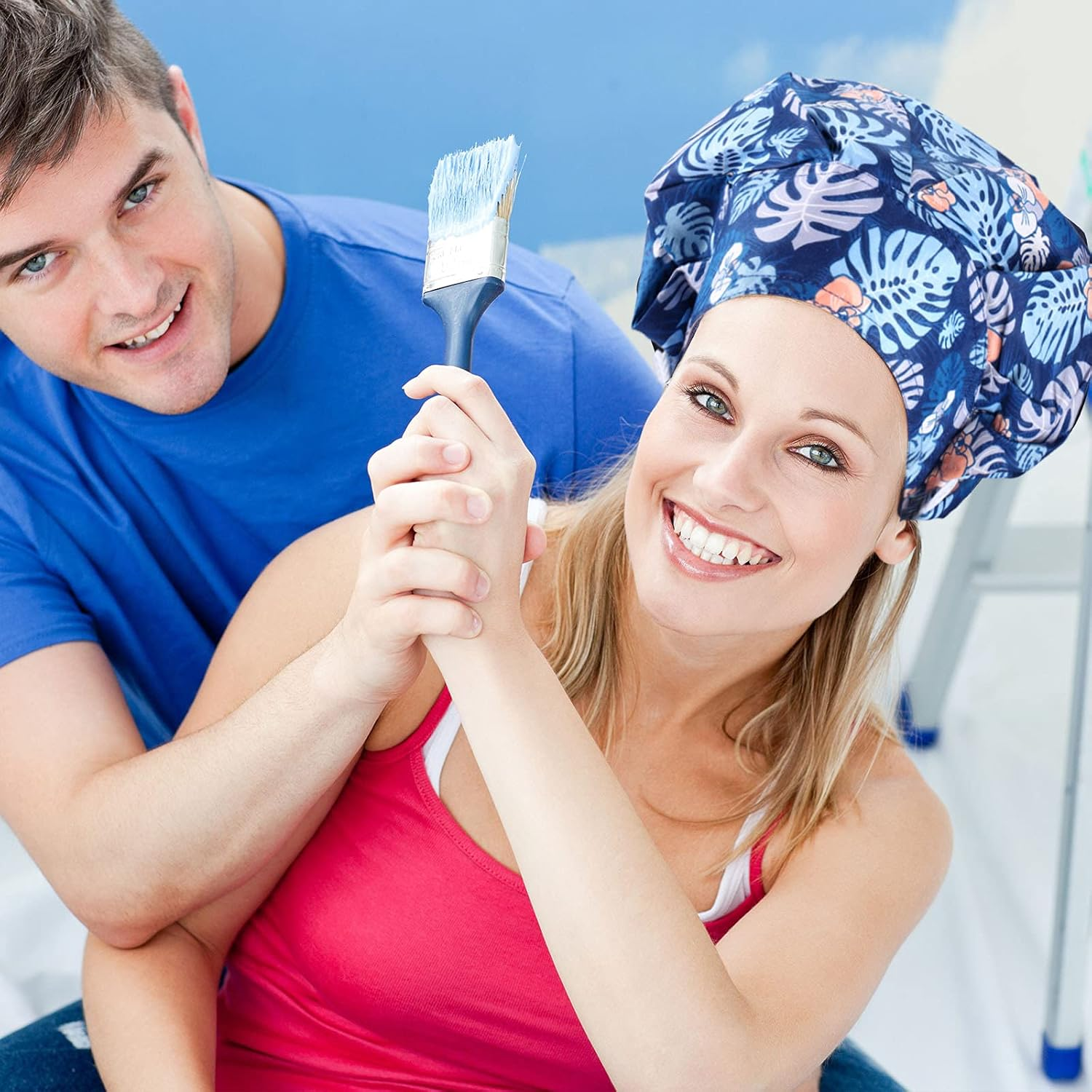 Geyoga 5 Pieces Adjustable Bouffant Caps with Buttons Printed Tie Back Hats with Sweatband Hat for Women Men, 5 Styles, Multicolor, 1 image number 2