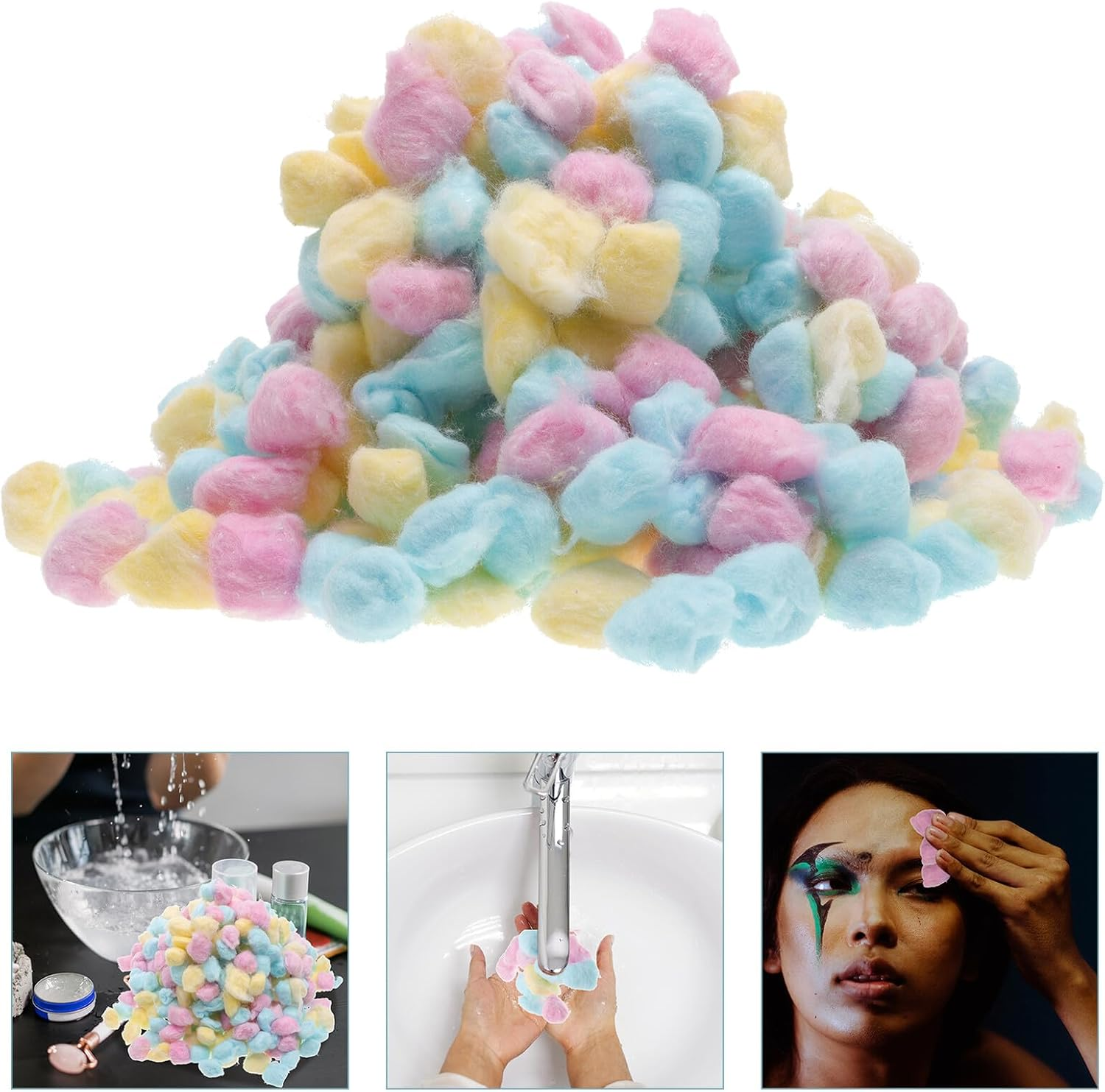 JEWEDECO Colored Cotton Balls for Boy Girl Soft Absorbent Small Cotton Balls for Face Washing Makeup Removal Beauty Salon and Home Use Pink Yellow Blue image number 6