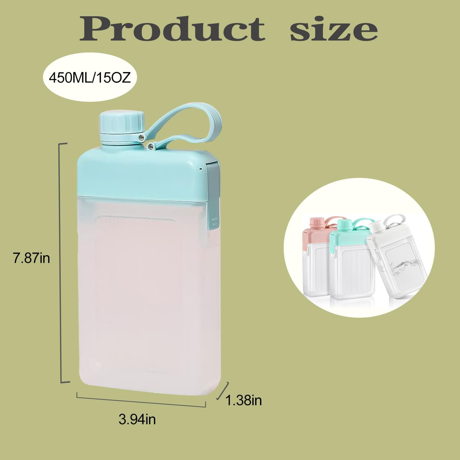 Hysagtek 3-Pack 15Oz Leak-Proof Flat Square Water Bottles - Stylish & Portable for Sports, Fitness, Camping, Hiking, Cycling (White, Pink, Green) image number 3
