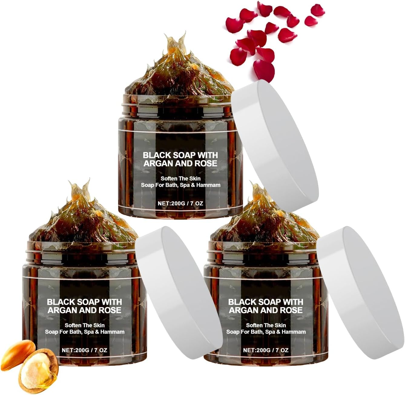 Black Soap with Argan and Rose, Exfoliating Body Cleanser, Gentle Cleansing, 100% Natural, Hydration & Moisturizing, Soften the Skin, Black Soap for Bath, Spa & Hammam, Fresh Fragrance (1Pcs)