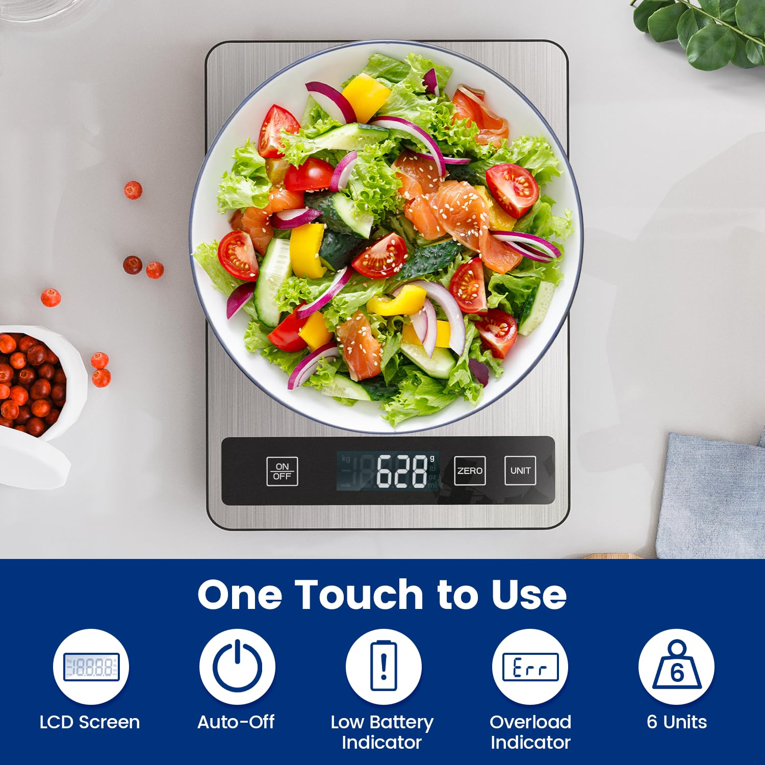 【15Kg/33Lb & USB Rechargeable】 Digital Kitchen Food Scale Kitchen Scale, Stainless Steel Digital Weight Grams and Oz, Baking and Cooking, 1G/0.1Oz Precise, 6 Weight Units (A) - E image number 6