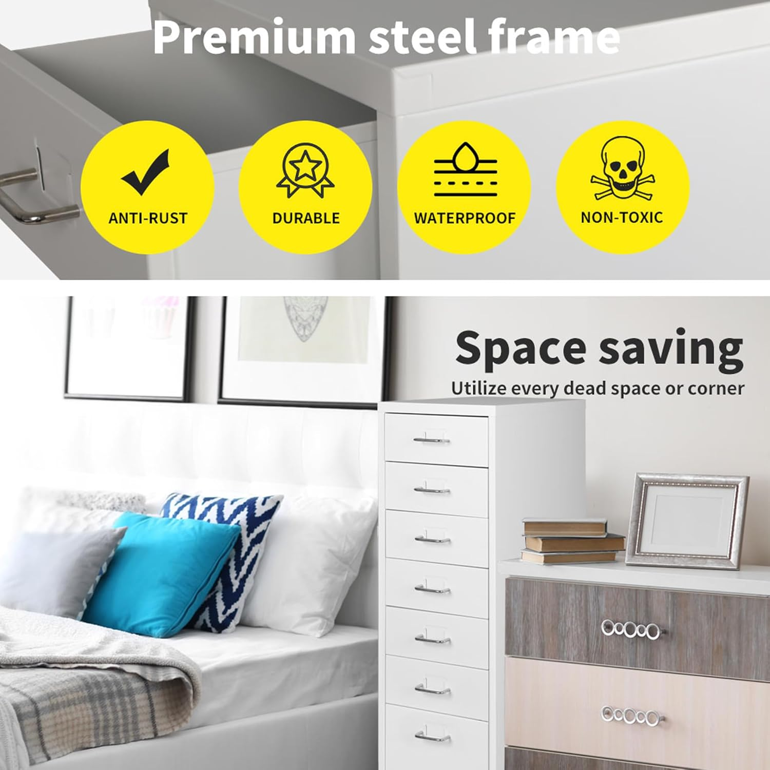 LEVEDE Mobile File Cabinets with 8 Drawers, Metal Chest of Drawers Anti-Rust, Bedside Cabinet Organiser, Multi-Purpose Home Office Furniture for Living Room, Bedroom, Bathroom, Office (White) image number 3