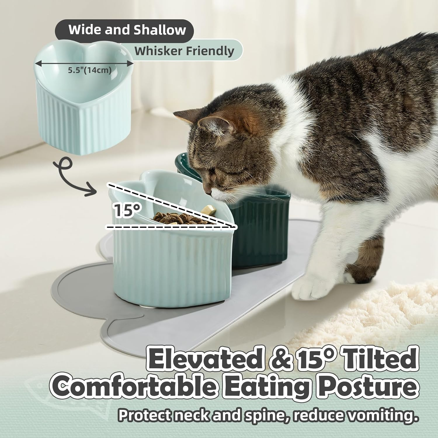 Elevated Cat Food Bowl Set - Double Tilted Bowls with Non Slip Mat - Raised Ceramic Bowls - Whisker Friendly - Tall Dishes - Green & Dark Green image number 3