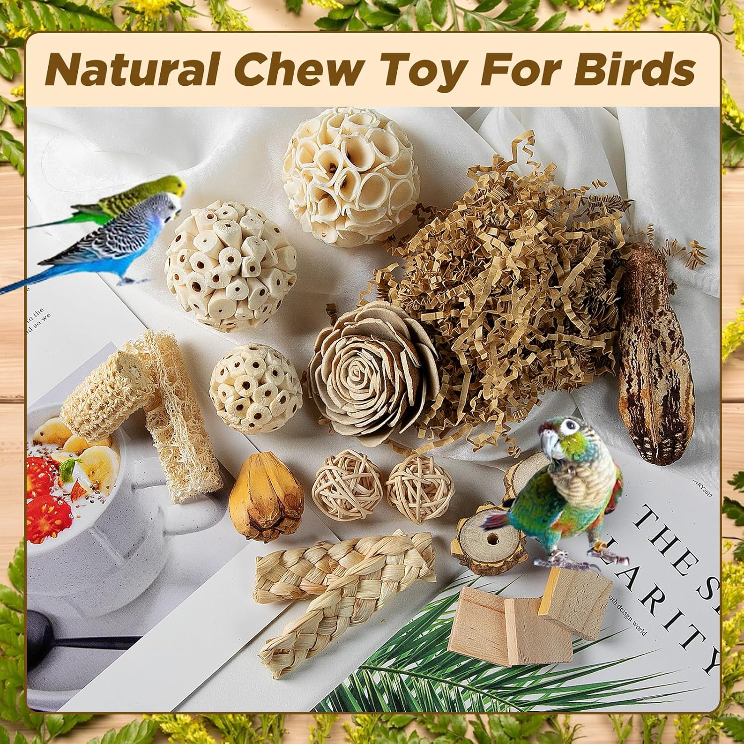 SUSOO Natural Bird Chewing Wooden Toys DIY Set, Safe Shredding Toys with Sola Balls, Wood Blocks, Apple Wood and Pine Cone, Foraging Toy for Parrots, Parakeet, Budgie, Conure,Love Birds and Cockatiel image number 3