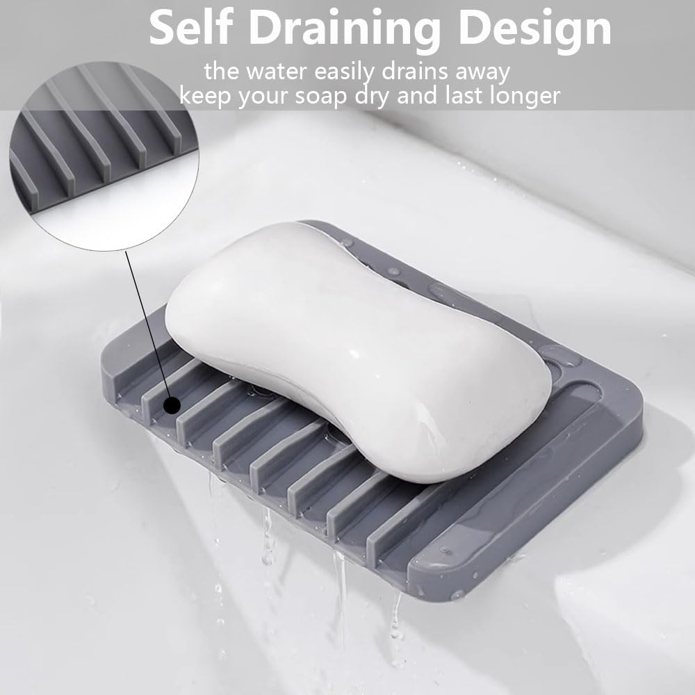 Vekol Self Draining Soap Dishes 2PCS Silicone Soap Holder Waterfall Drainer Soap Saver, Sponge Holder, Dish Soap Tray for Shower, Bathroom, Kitchen, Bath Tub, Razor (White+White) - Camo+Camo image number 2