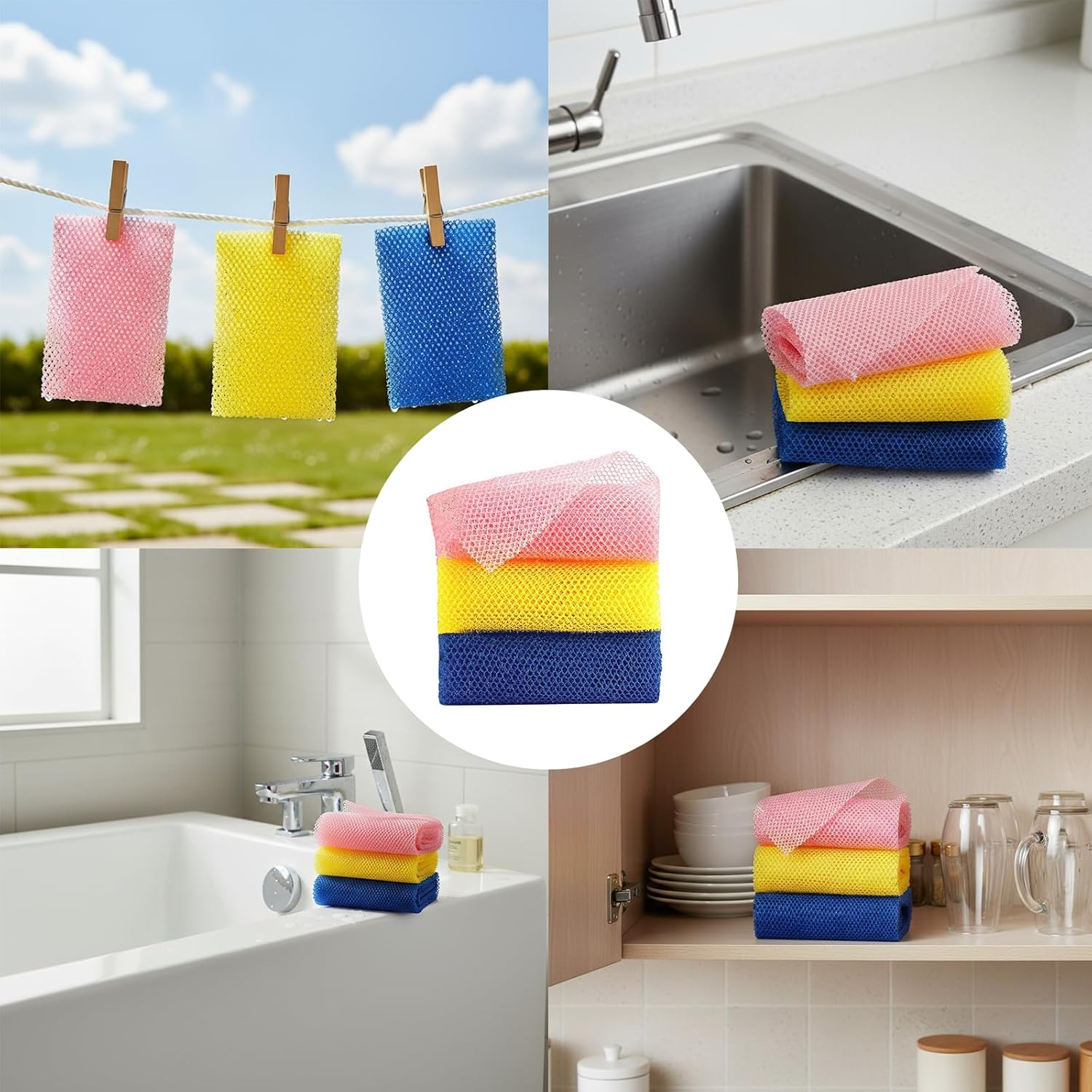 African Net Sponge Shower Body Scrubber for Back, Exfoliating Nylon Scrub Mesh, Quick Drying, Multiple Colors, Practical Bath Sponge for Men and Women, Compatible with Popular Bath Tools(3 Pieces) &ndash; Haheihei image number 6