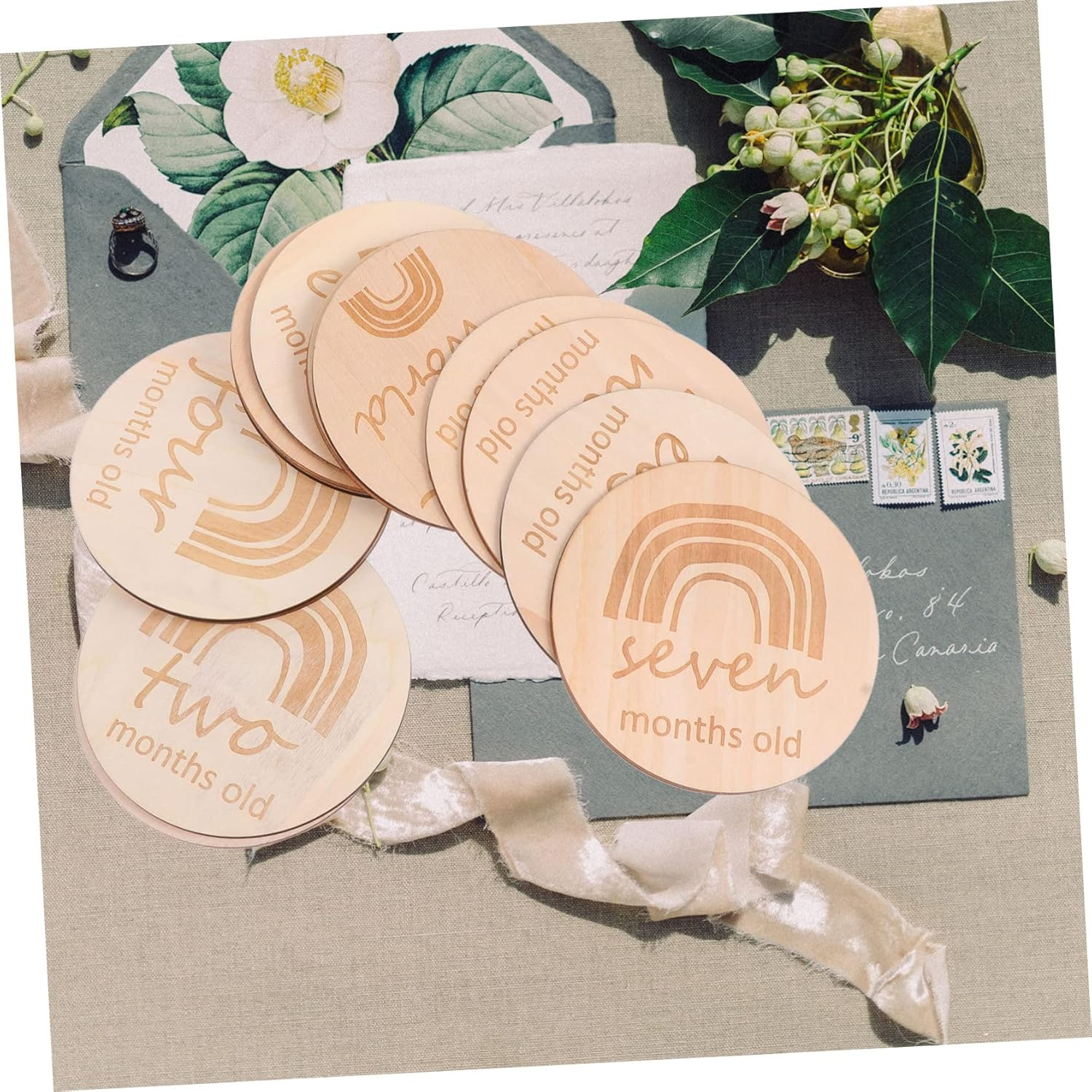 13Pcs Double Sided Rainbow Growth Recording Cards Wooden Monthly Milestone Props for Newborn Photography Shower Celebrations image number 6