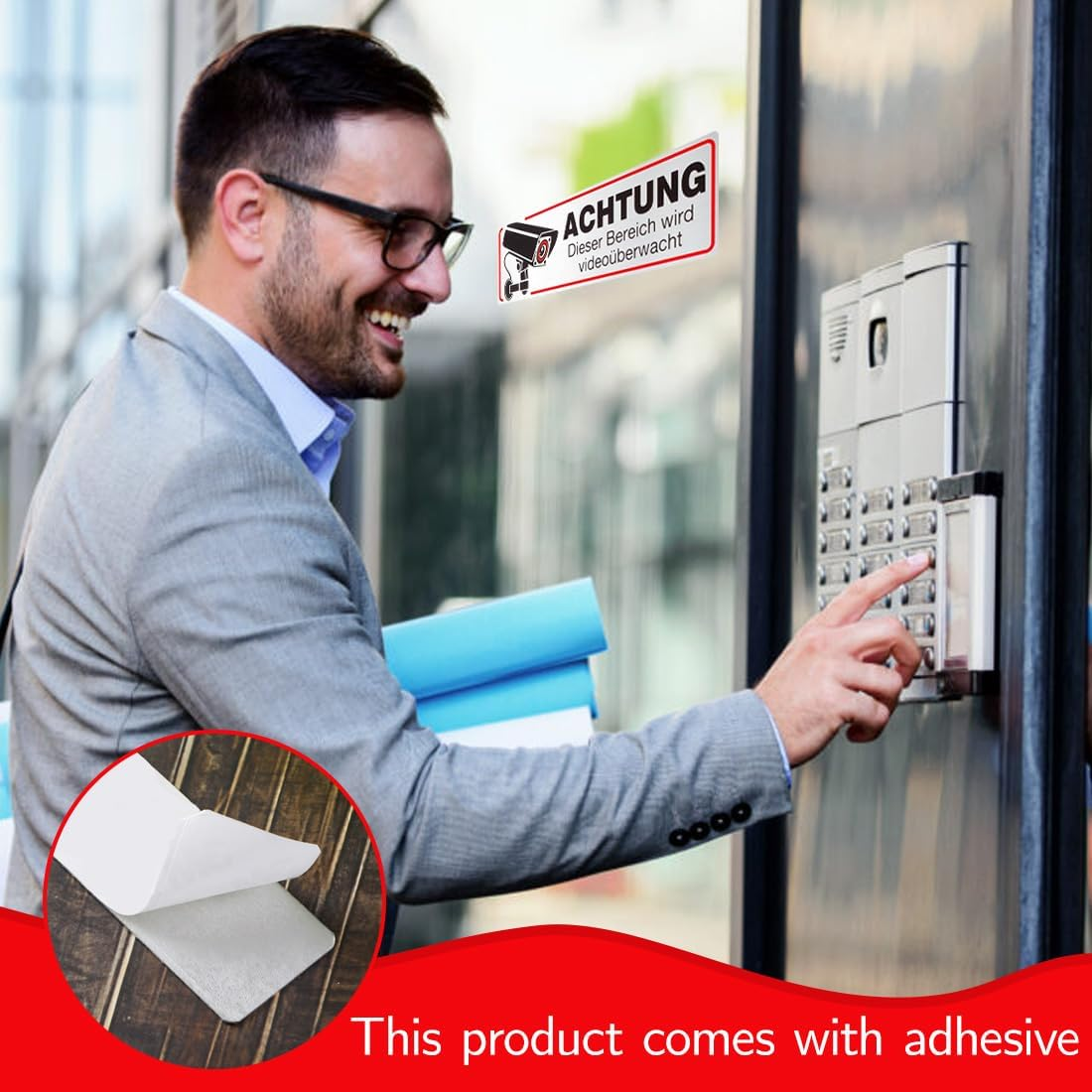 IEBTAWN Set of 2 Sign Video Surveillance Private Property Self-Adhesive 12 X 4 Cm Small Aluminium Security Area Property Video Surveillance Metal Sign for Indoor and Outdoor