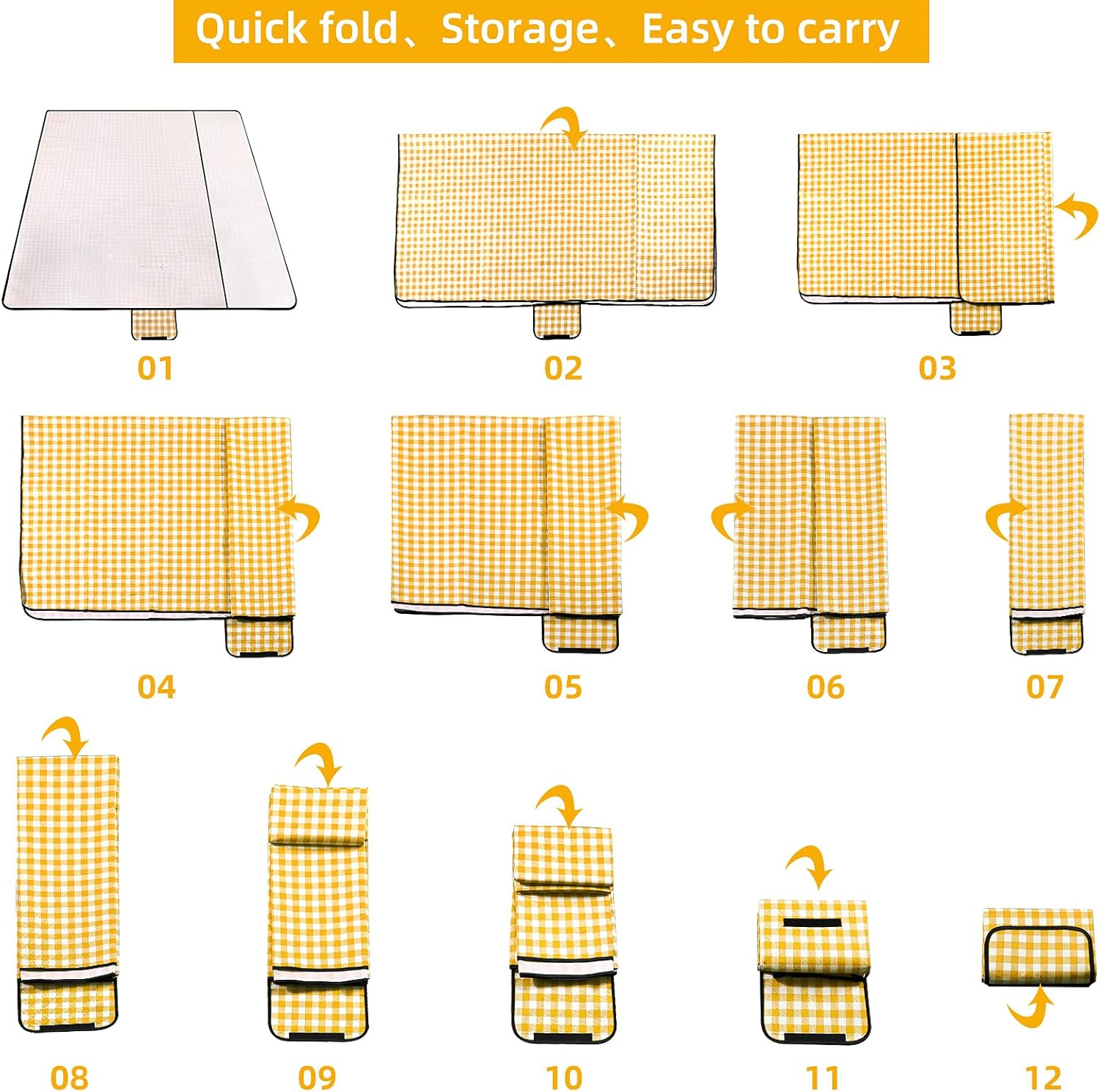 Picnic Blanket Waterproof Beach Rug Picnic Mat Washable Lightweight with Handle Yellow Checkered for Hiking Travelling Outdoor Camping,Parks,200Cm * 200Cm image number 3