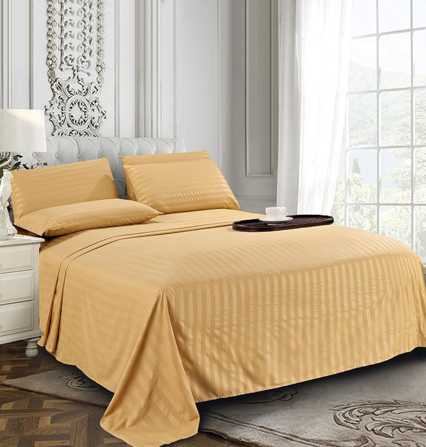 Elegant Comfort Best, Softest, Coziest 6-Piece Sheet Sets! - 1500 Thread Count Egyptian Quality Luxurious Wrinkle Resistant 6-Piece Damask Stripe Bed Sheet Set, Full Camel/Gold
