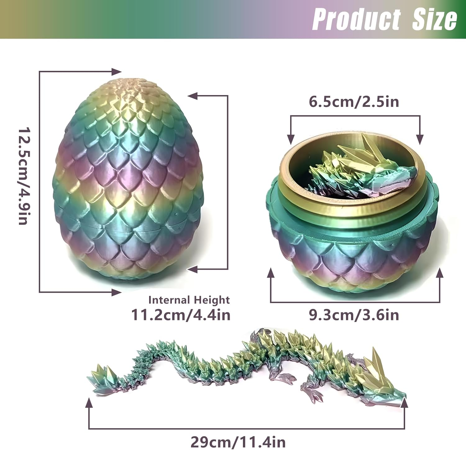 3D Printed Crystal Dragon Fidget Toy for Adults - Articulated Posable Surprise in Egg - Gifts for Home Office Desk Decor (Colorful) image number 3