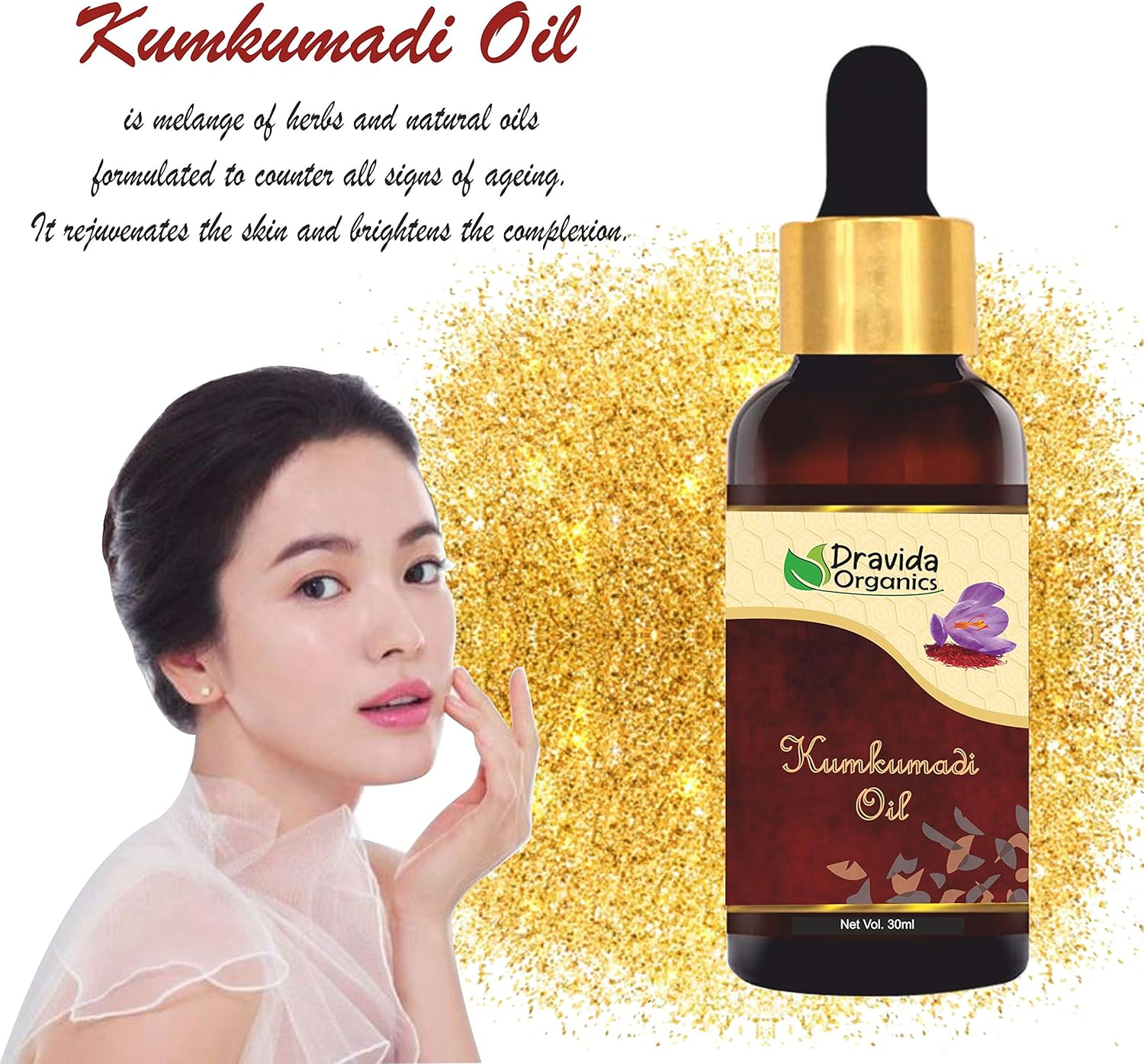 Dravida Organics Kumkumadi Oil Enriched with Gold Dust for for Glowing, Spotless, Anti-Ageing & Radiant Skin - 30Ml image number 3