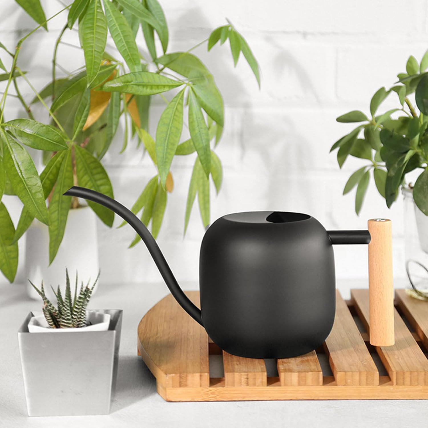 ​Watering Can for Indoor Plants, 1.2L Small Metal Stainless Steel Watering Can with Long Spout and Wooden Handle Modern Semi Open Top Watering Pot for Indoor Bonsai Plants Garden image number 6