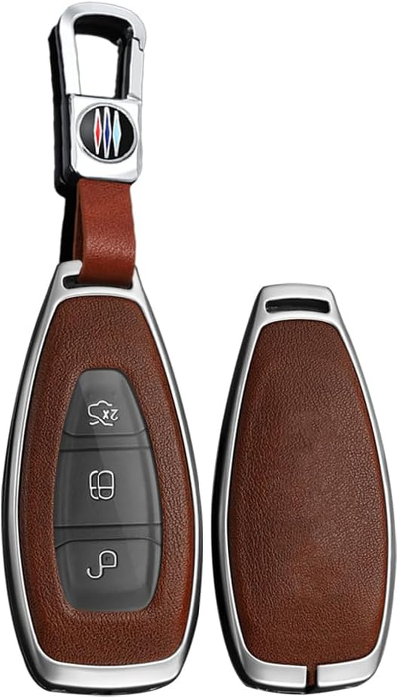 Zinc Alloy Car Key Case Key Fob Cover Leather Fit for Ford Fiesta Focus Kuga C-Max Galaxy B-Max S-Max Mondeo Mk2 MK3 Edge Key Fob Holder Keyring 3 Buttons Key Shell Key Chain Silvery Brown