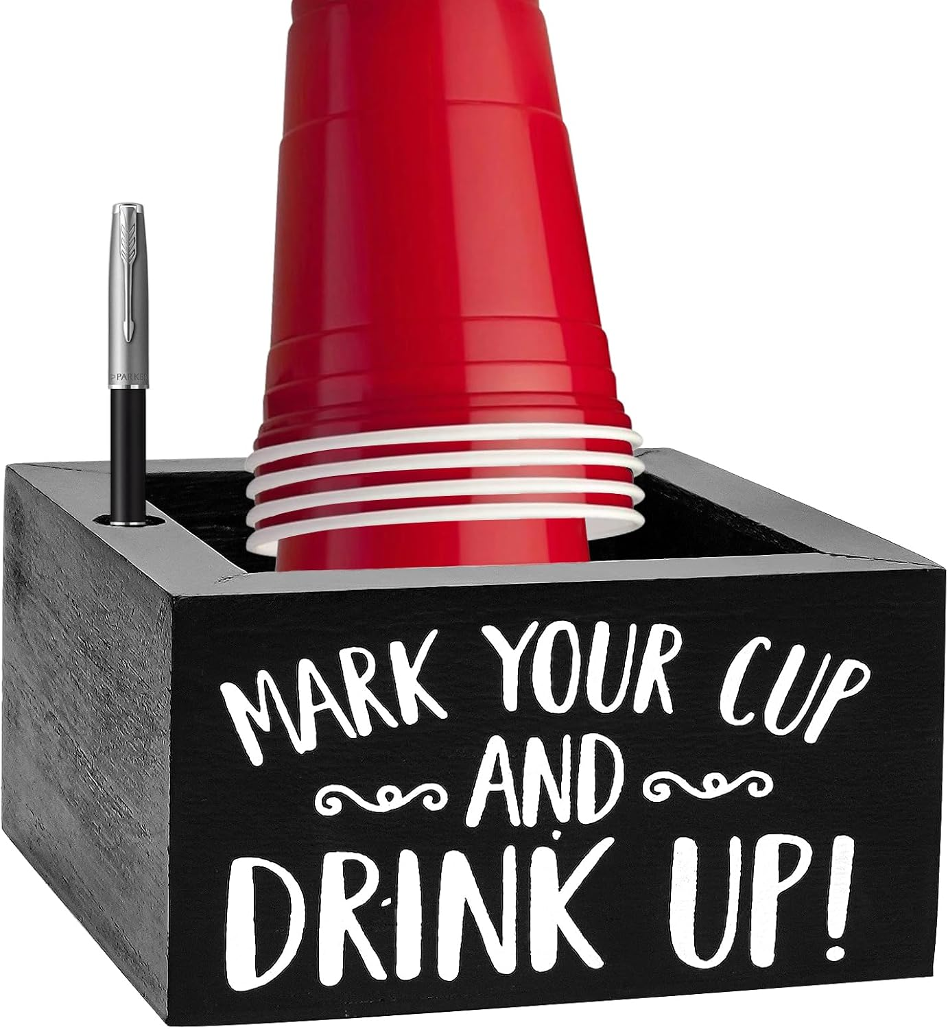 Cup Holder with Marker Slot, Black Wood Disposable Cup Holder, Mark Your Cup and Drink up Plastic Cup Organizer Drink Dispenser for Wedding Party Kitchen Decor