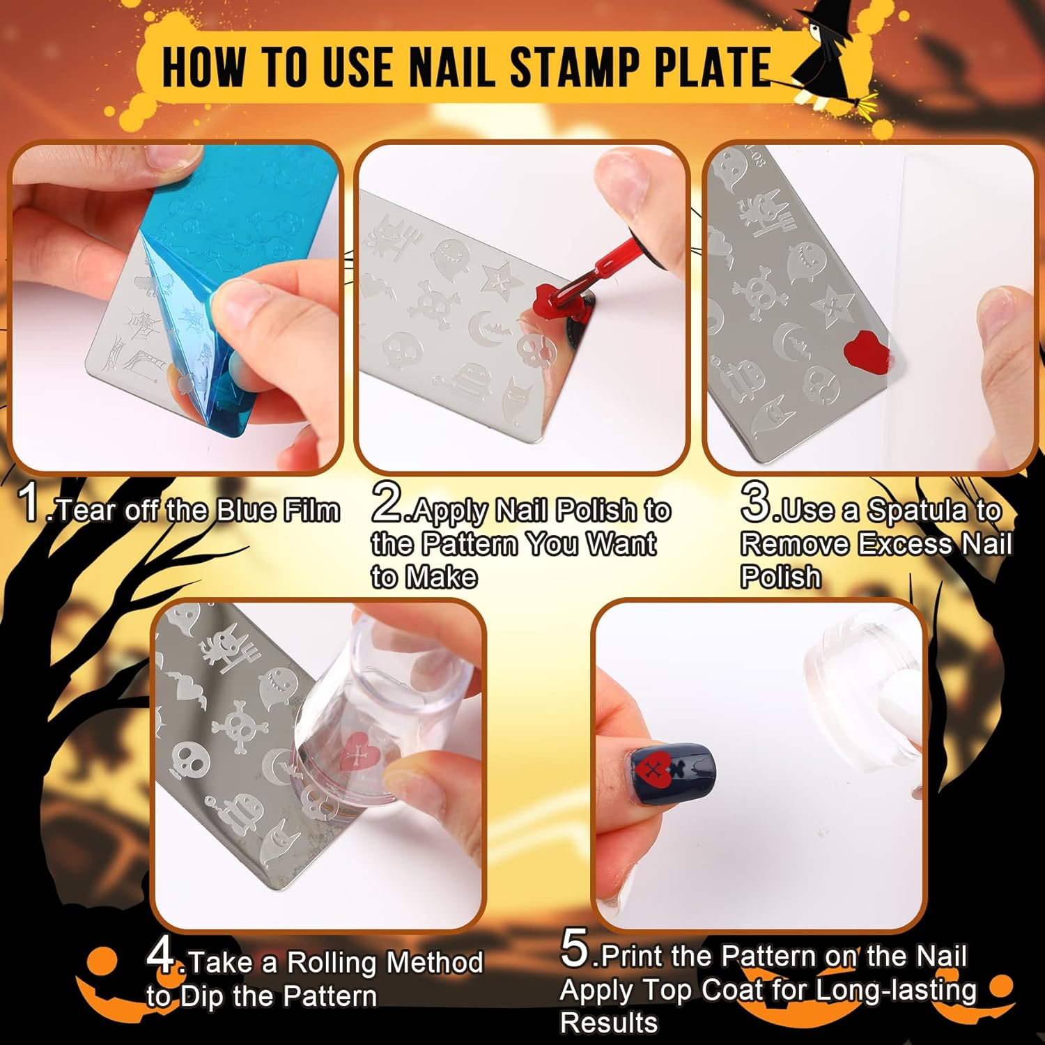 10Pcs Halloween Nail Stamp Plate Kit, 6Pcs Nail Art Image Templates 2 Stamper 2 Scraper Pumpkin Bat Witch Spider Owl for DIY Holiday Nail Art Stamping Stencils Design(Halloween Style) image number 2