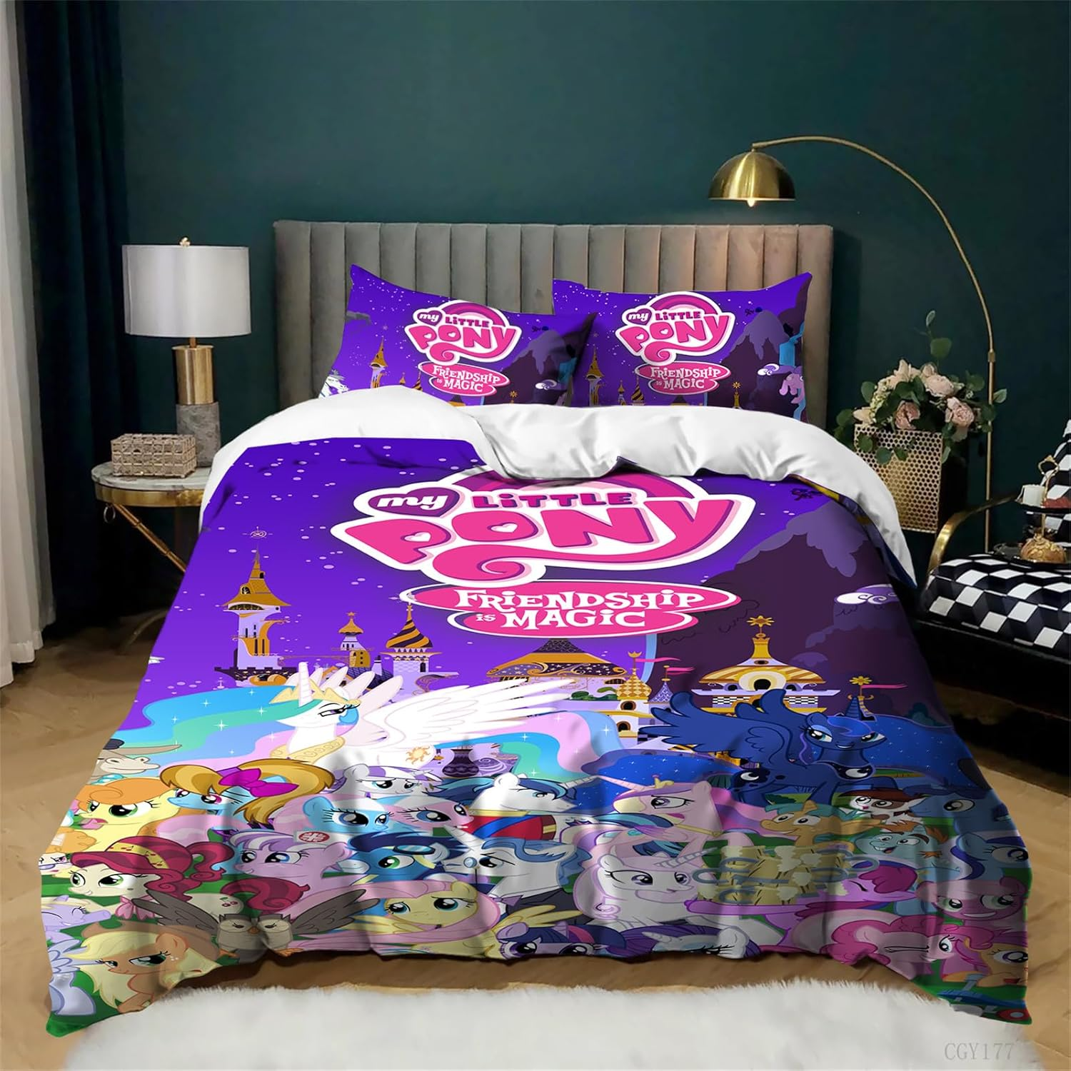 3Pcs Girls Bedding Duvet Cover Set My Little Pony Duvet Cover All Season Lightweight Cartoon Quilt Cover for Kids