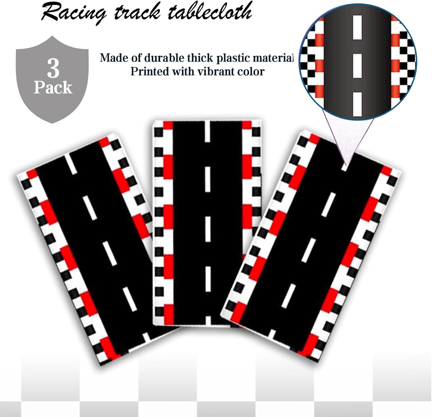 OQOQ Checkered Racing Track Tablecloth(3 Pack,Black White Checkered) - 54X108 Inches Cars Birthday Decorations Table Cloth Race Theme Party Disposable Plastic Table Cover Party Supplies image number 6