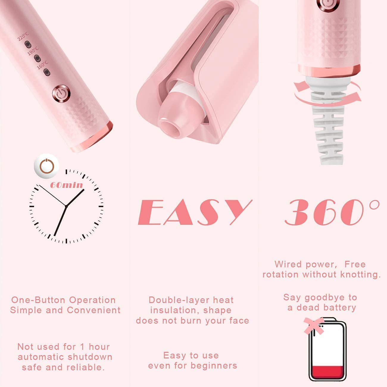 Automatic Curling Iron, Professional Automatic Hair Curler with 1" Curling Iron Large Slot & Adjustable 3 Temperature, Dual Voltage Rotating Curling Iron with Auto Shut-Off for Long Short Hair Styling (Pink) image number 5