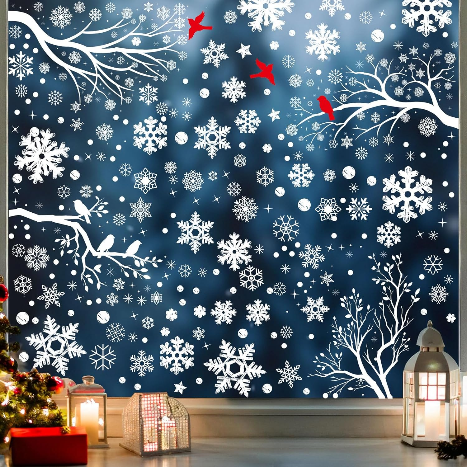 249 PCS Snowflake Window Clings, Geeric Winter Decorations 6 Sheets Christmas Window Cling Stickers Snowflake Branches, Snow, Birds Stickers Removable for Xmas Home Shop Window image number 4