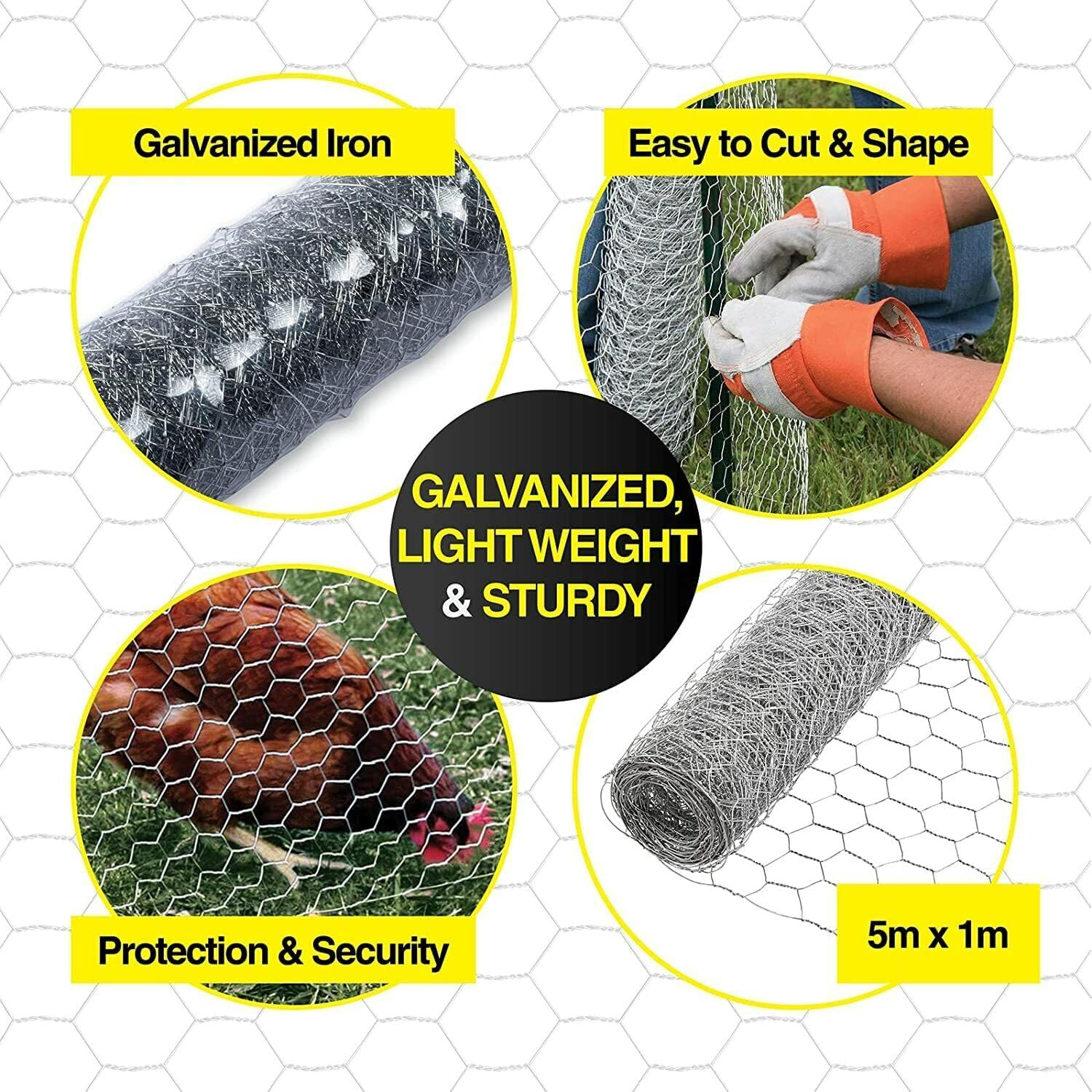 [2PCE] Handy Hardware Chicken Wire Netting Fence Rust Proof Sturdy Galvanised Protect Secure 5M X 1M All Purpose Use, Easily Shapes and Moulds