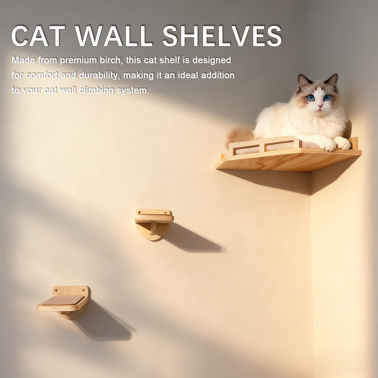 Cat Wall Shelves - Contemporary & Sturdy 3-Tier Wall-Mounted Cat Furniture with Cozy Perch - Space-Saving Birch Floating Shelves for Pets up to 15Lbs - Premium Natural Wood Design