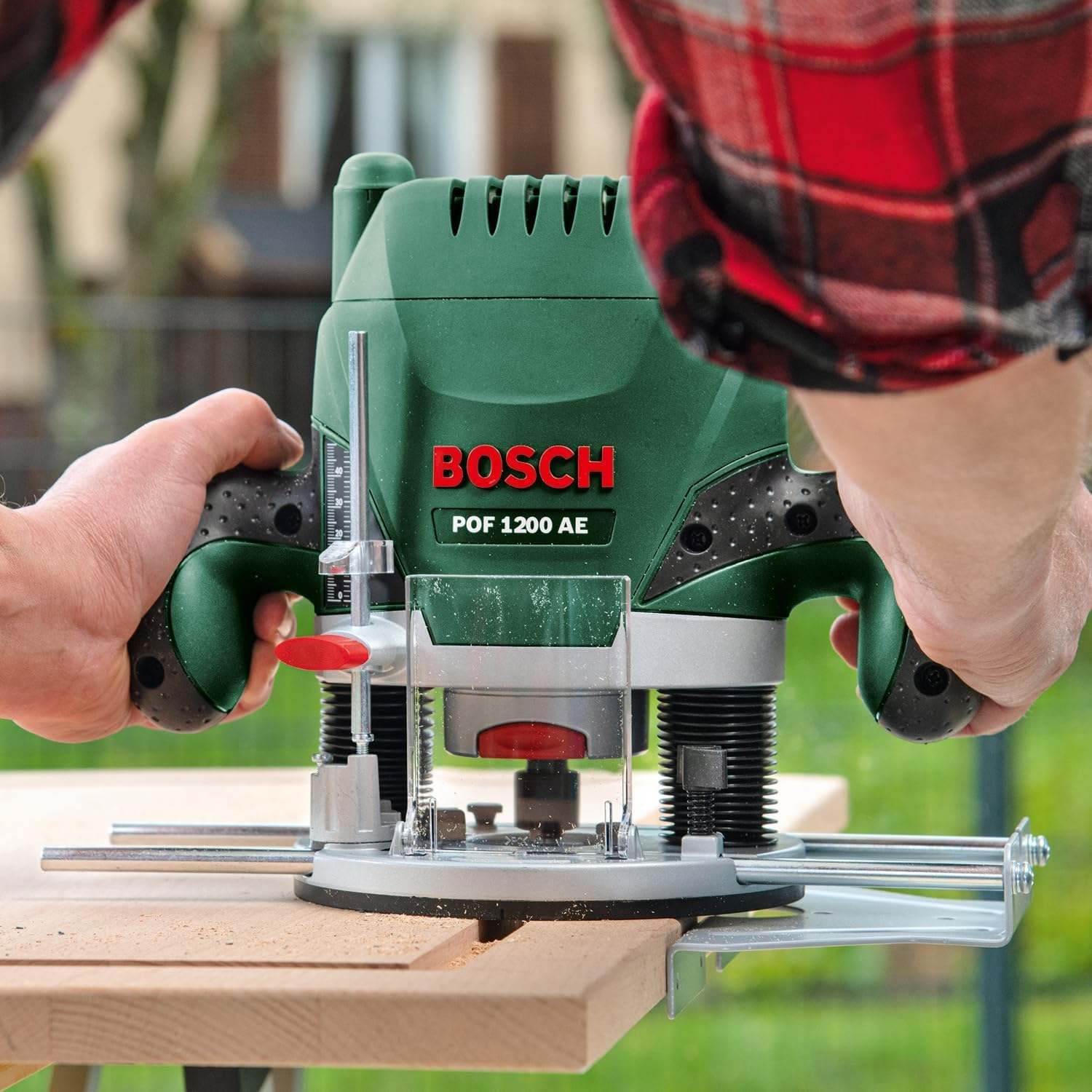 Bosch Home & Garden 1200W Electric Plunge Router with 8Mm Bit, Parallel Guide, Template Guide, Dust Extraction Adapter, 28000 RPM, Speed Selection, Wood, 3 Collets Included (POF 1200 AE) image number 1