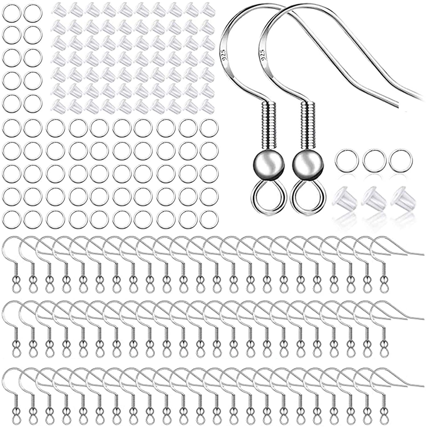 925 Sterling Silver Plated Earring Hooks 150 PCS/75 Pairs,Ear Wires Fish Hooks,500Pcs Hypoallergenic Earring Making Kit with Jump Rings and Clear Silicone Earring Backs Stoppers (Silver) image number 1