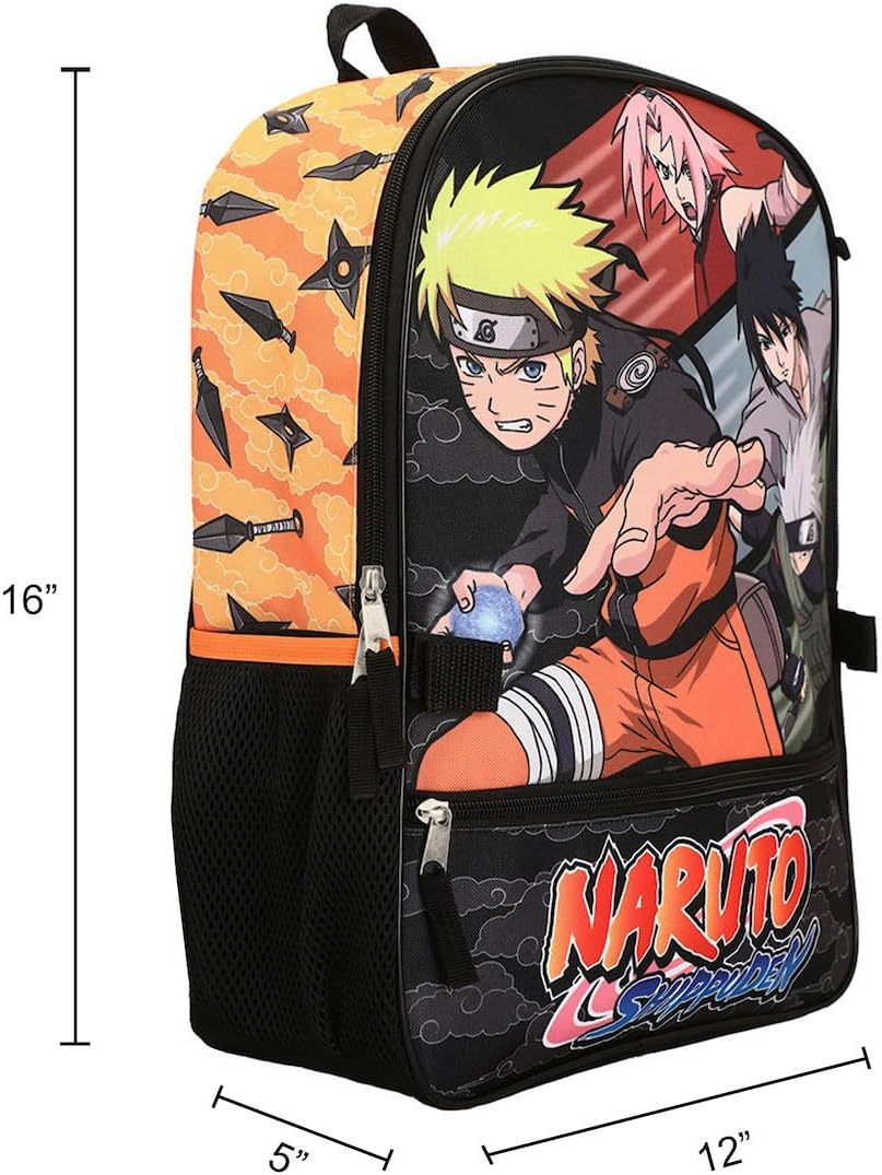Bioworld Naruto Anime Character Print Orange and Black 5-Piece Backpack Set for Boys, Orange, OSFA, Classic image number 5