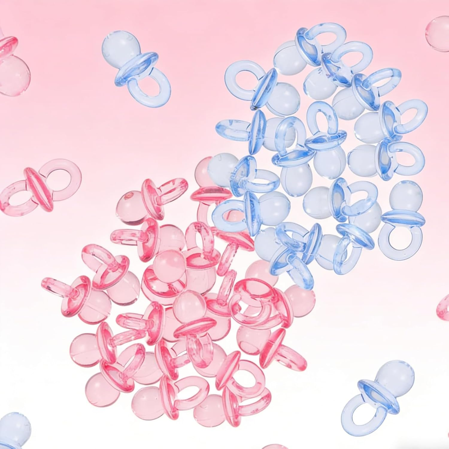 100-Piece Mini Clear Acrylic Pacifiers - Pink & Blue Dummy-Themed Baby Shower Decorations for Table Decor, Party Favors & Games image number 1