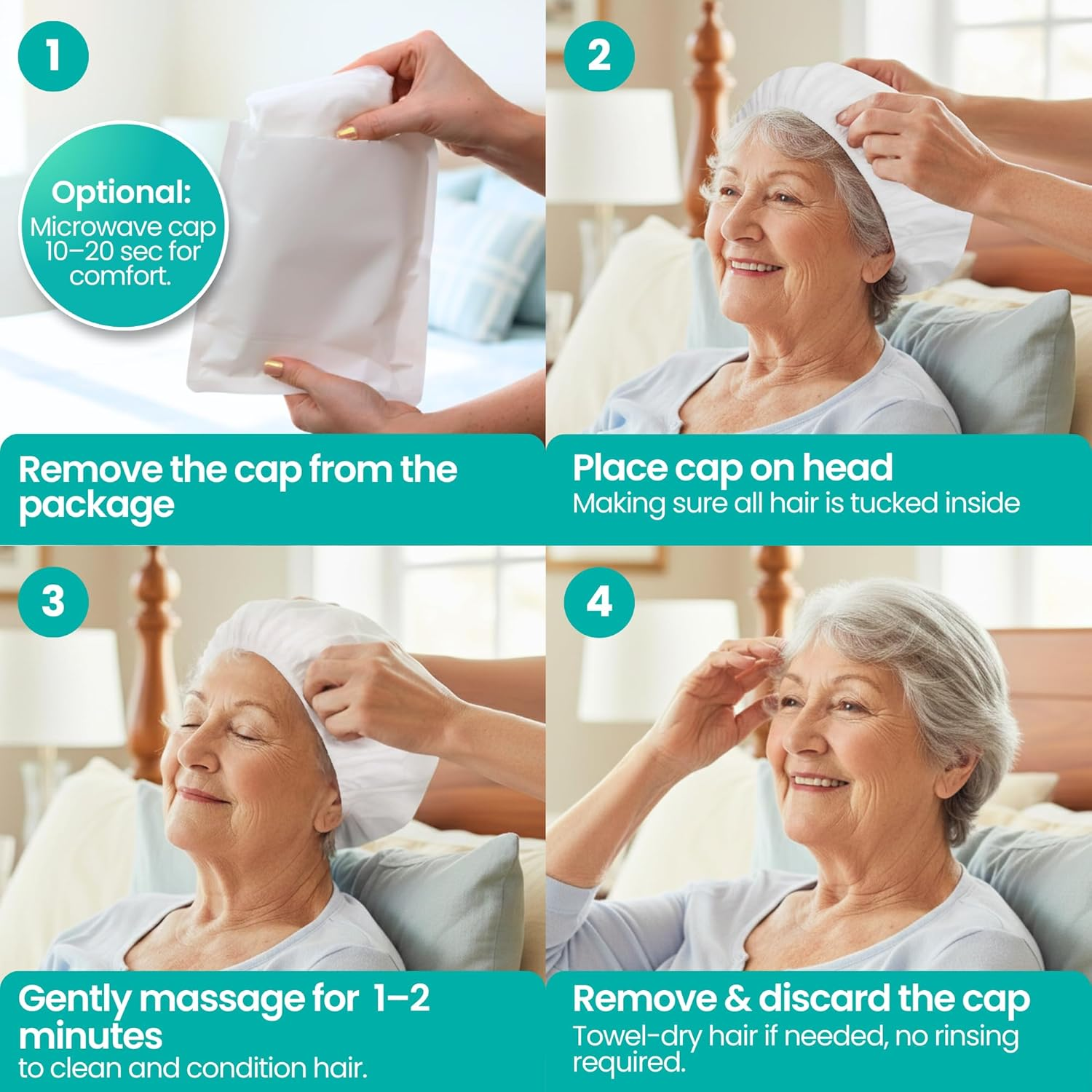 No-Rinse Shampoo & Conditioner Shower Cap &ndash; Waterless Hair Washing for Elderly, Bedridden, Hassle-Free Microwavable Hair Washing Cap Infused with Aloe & Vitamin E &ndash; 12-Pack image number 2