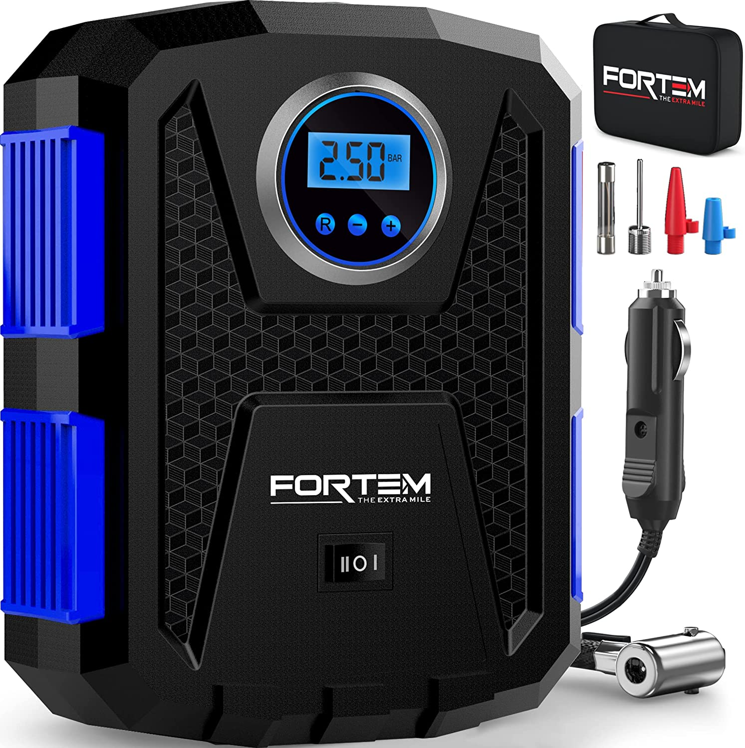 FORTEM Tire Inflator 150 PSI, Bike Pump, 230V AC 12V DC Air Pump for Car Tires, Digital Tire Pressure Gauge W/Auto Pump/Shut Off, Carrying Case