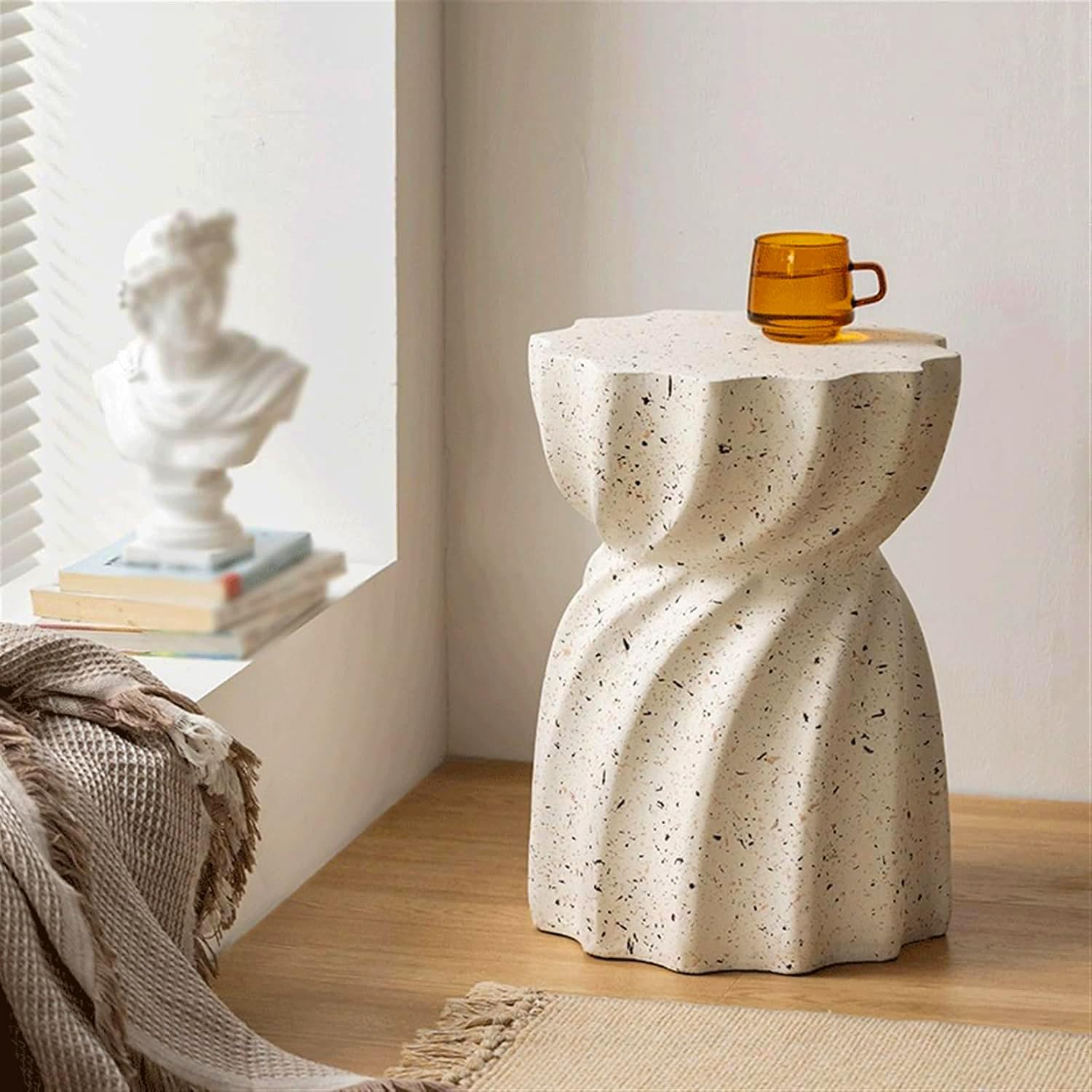 BRMM MIA Modern Decorative Garden Side Table Heavy Duty Patio Sturdy Faux Terrazzo Garden Side Table Planter Stand for Indoor Covered Outdoor, 17.75" H, White (Style 2) image number 1