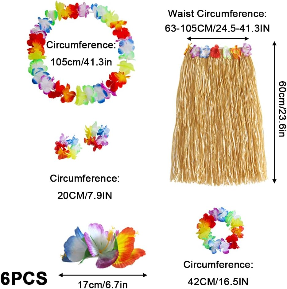 YSHIGUING 6Pcs Hula Skirt Costume Hawaiian Fancy Dress with Grass Skirt, Hawaii Leis, Hibiscus Hair Clip, Hawaiian Costume Set for Women Summer Beach Tropical Party Decoration image number 3