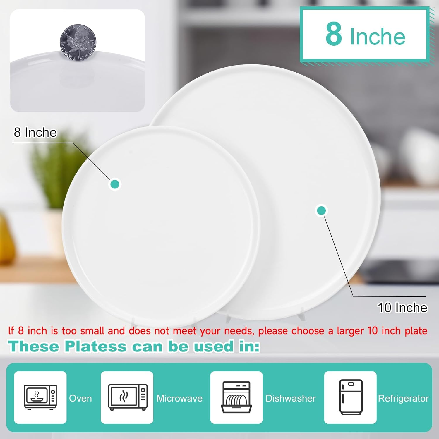 Antokueh White Ceramic Plates Set of 6, 8 Inch round Porcelain Salad Plate, 6-Piece Dishes with Shallow Edge for Appetizer, Steak, Dishwasher/Microwave Safe image number 6