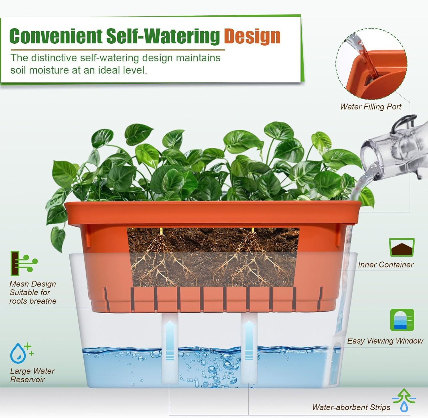 Ourwarm Windowsill Herb Planter Box, Set of 3, Self Watering Plant Pots, 10.5 Inch Rectangular Planter Pots, Decorative Garden Flower Pots for Indoor Plants, Herbs, Vegetables, Flowers (3 Colors) image number 2