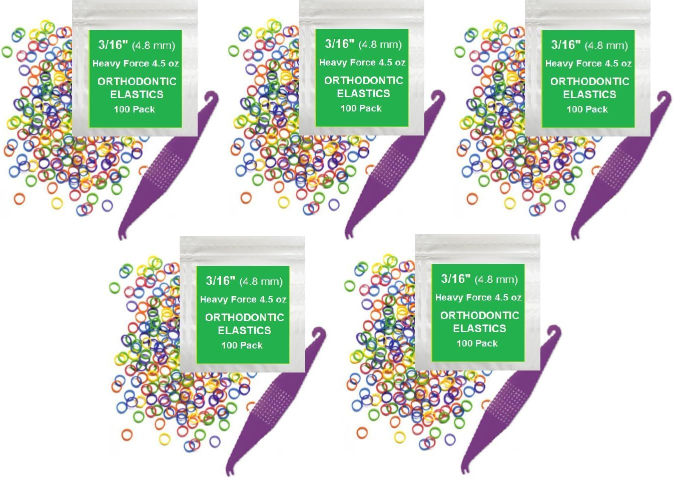 Orthodontic Rubber Bands for Braces - Premium Quality Elastic Teeth Rubber Bands for Braces, Fix Tooth Gaps, Dreadlocks, Includes Free Elastic Placer - Heavy Force 4.5 Oz, 3/16 Inch, Neon (100 Pack)